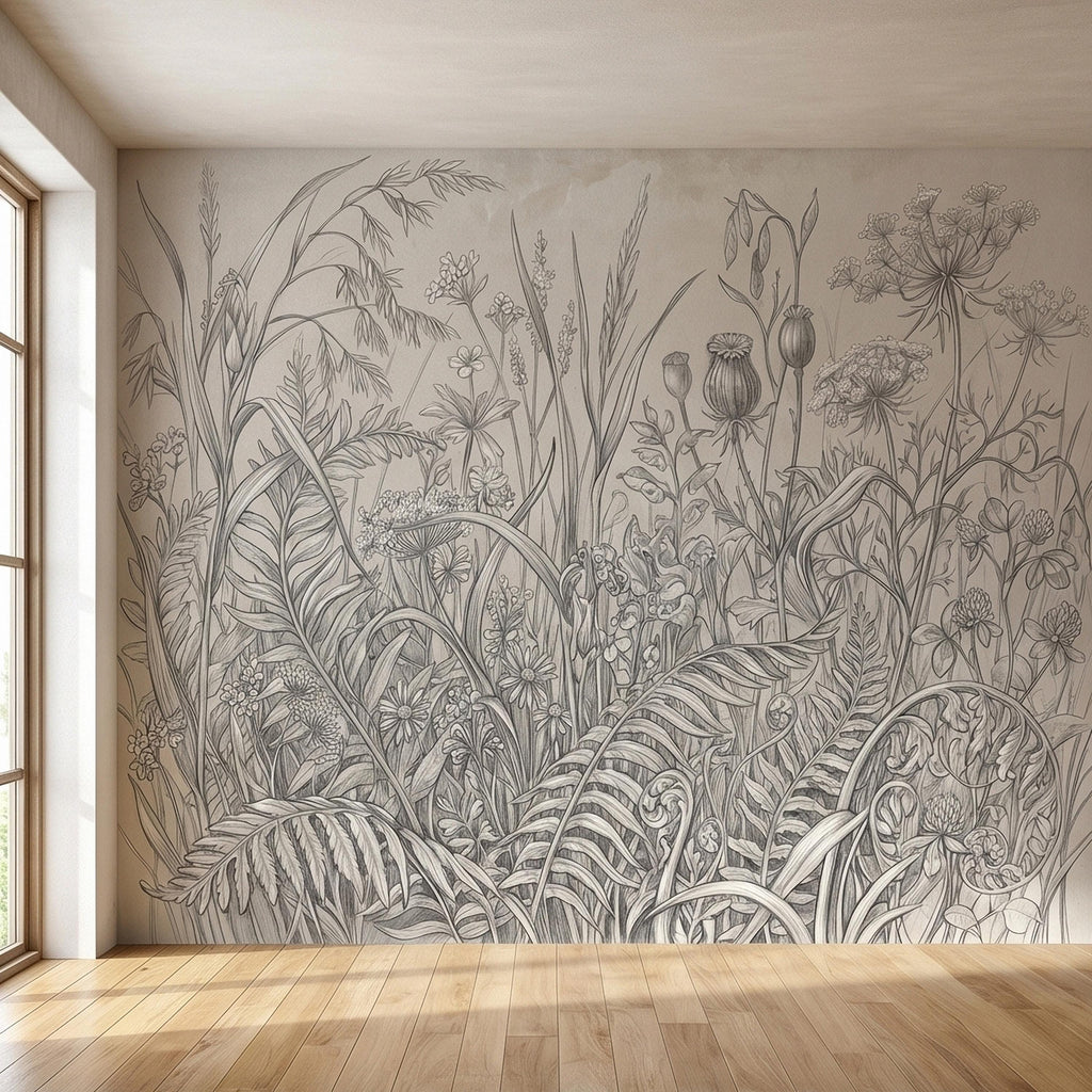 Hand Drawn Wildflower Meadow Botanical Sketch Peel and Stick Wall Mural, Vintage Herbarium Pencil Illustration Neutral Gray Floral Wallpaper