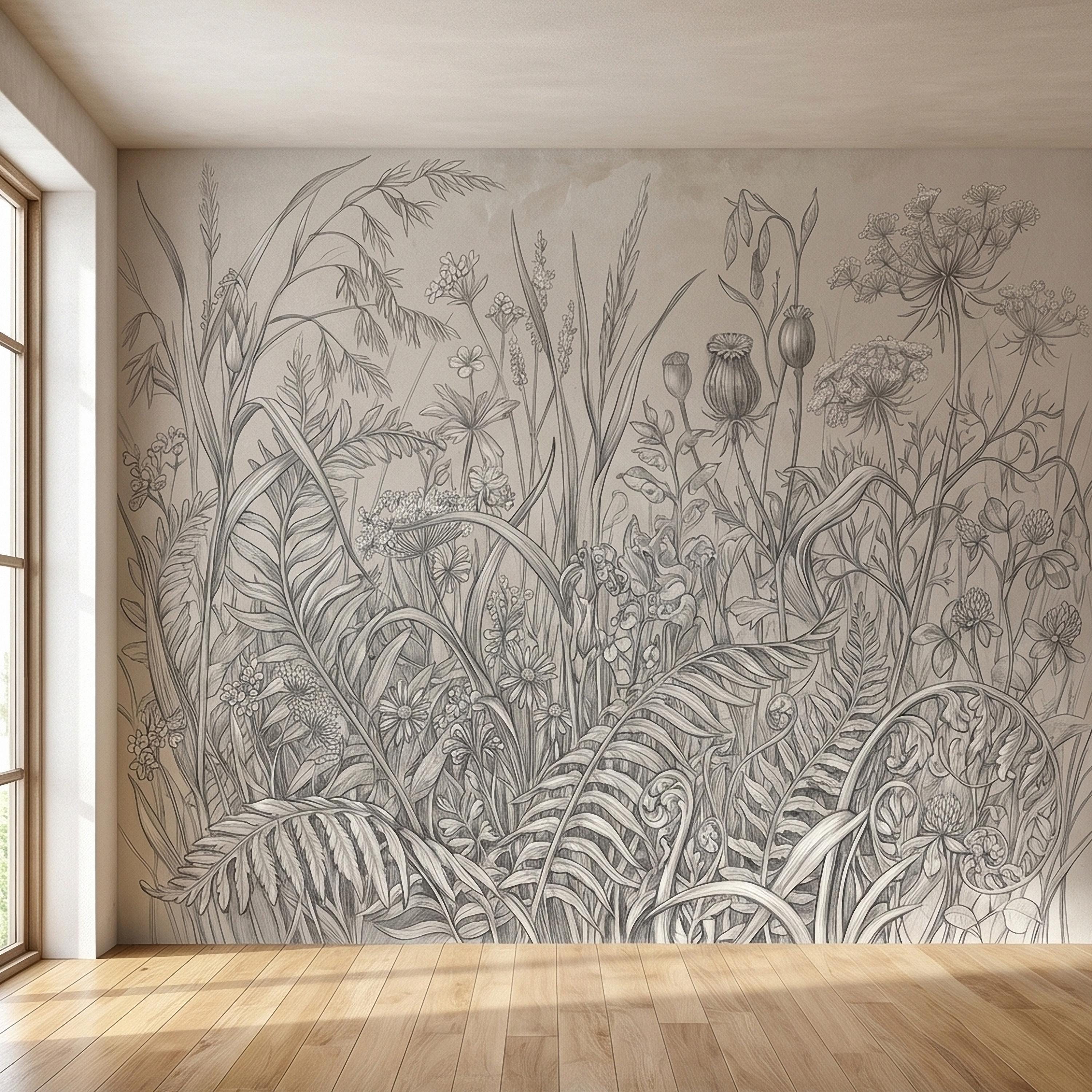 Hand Drawn Wildflower Meadow Botanical Sketch Peel and Stick Wall Mural, Vintage Herbarium Pencil Illustration Neutral Gray Floral Wallpaper