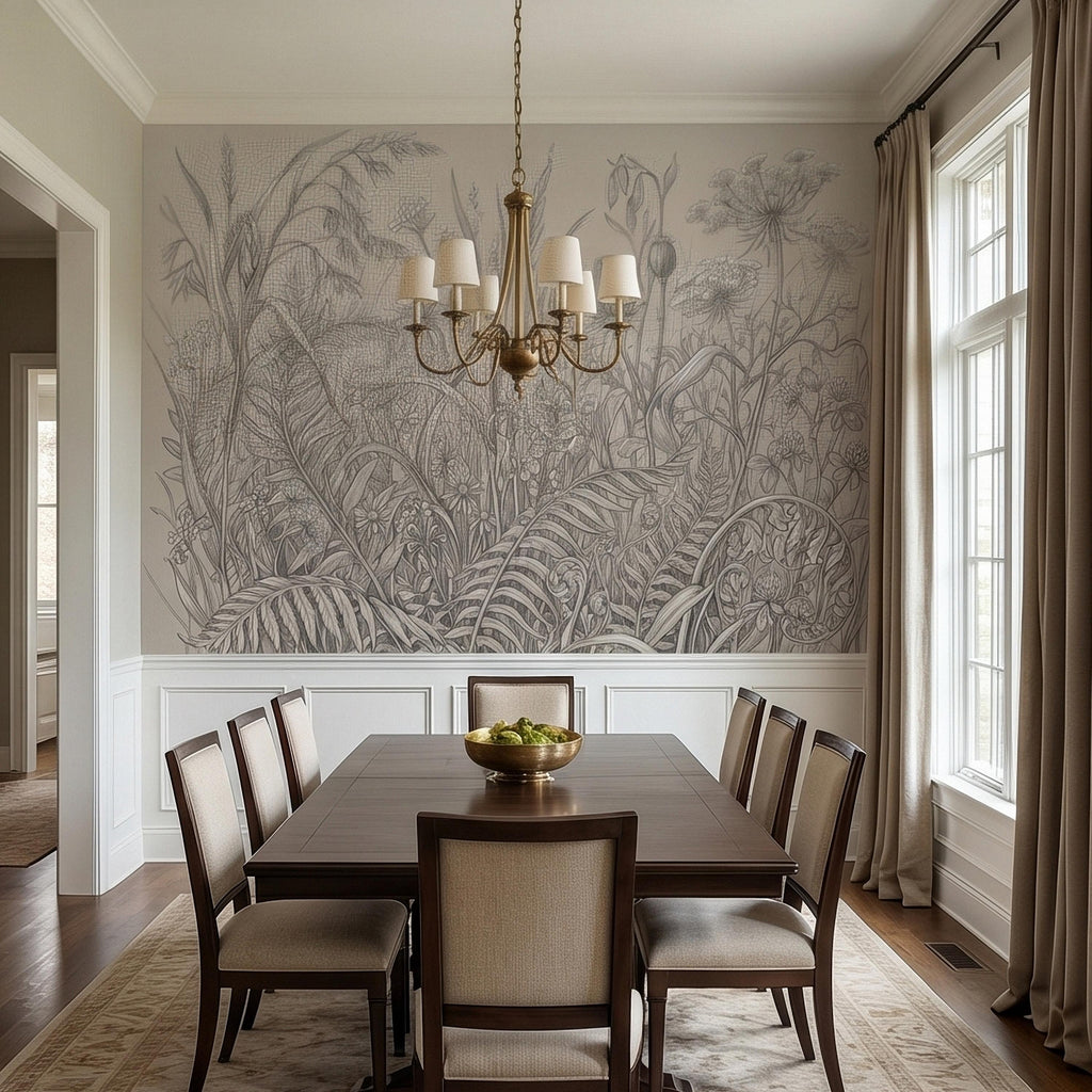 Hand Drawn Wildflower Meadow Botanical Sketch Peel and Stick Wall Mural, Vintage Herbarium Pencil Illustration Neutral Gray Floral Wallpaper
