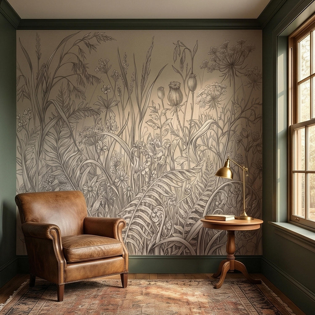 Hand Drawn Wildflower Meadow Botanical Sketch Peel and Stick Wall Mural, Vintage Herbarium Pencil Illustration Neutral Gray Floral Wallpaper