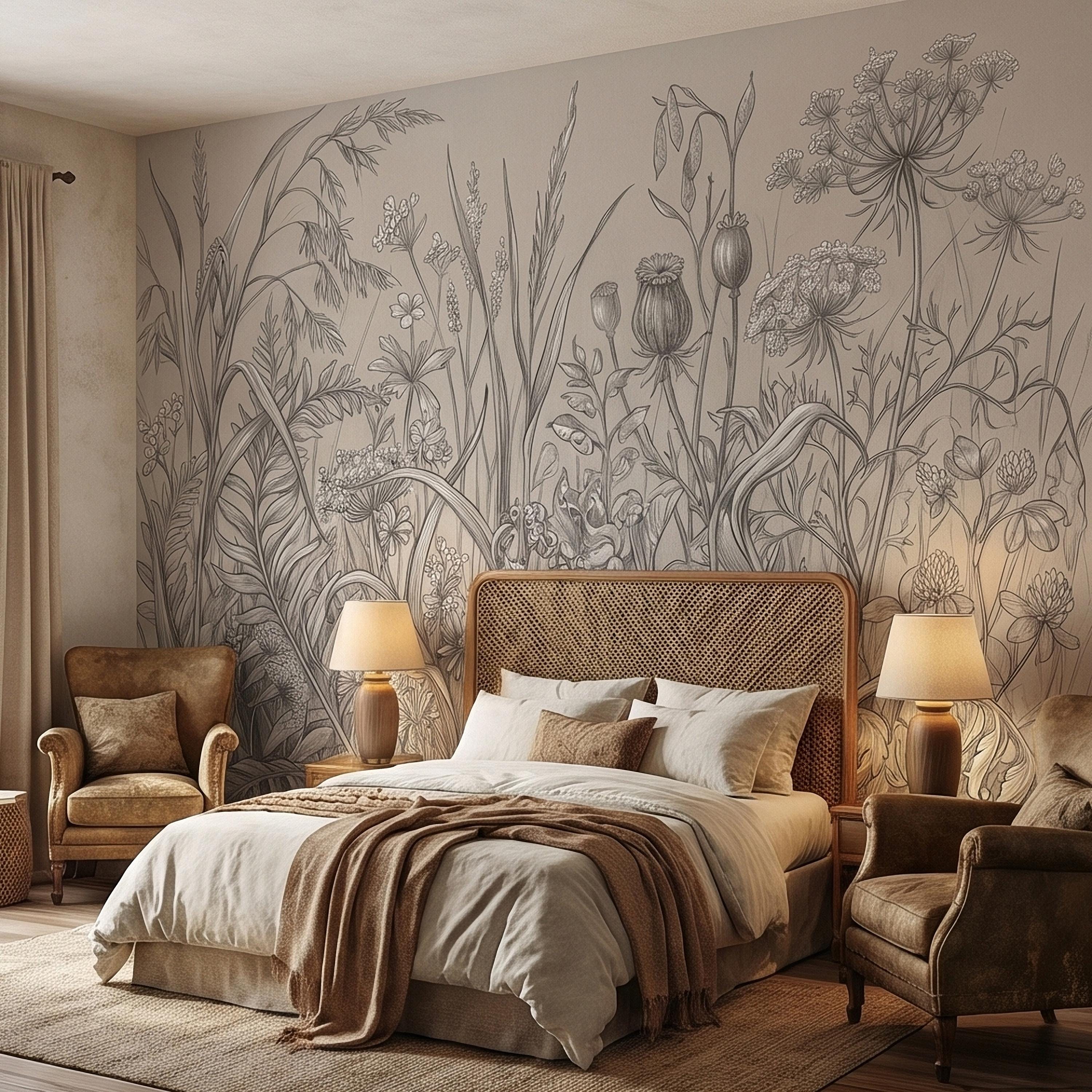 Hand Drawn Wildflower Meadow Botanical Sketch Peel and Stick Wall Mural, Vintage Herbarium Pencil Illustration Neutral Gray Floral Wallpaper