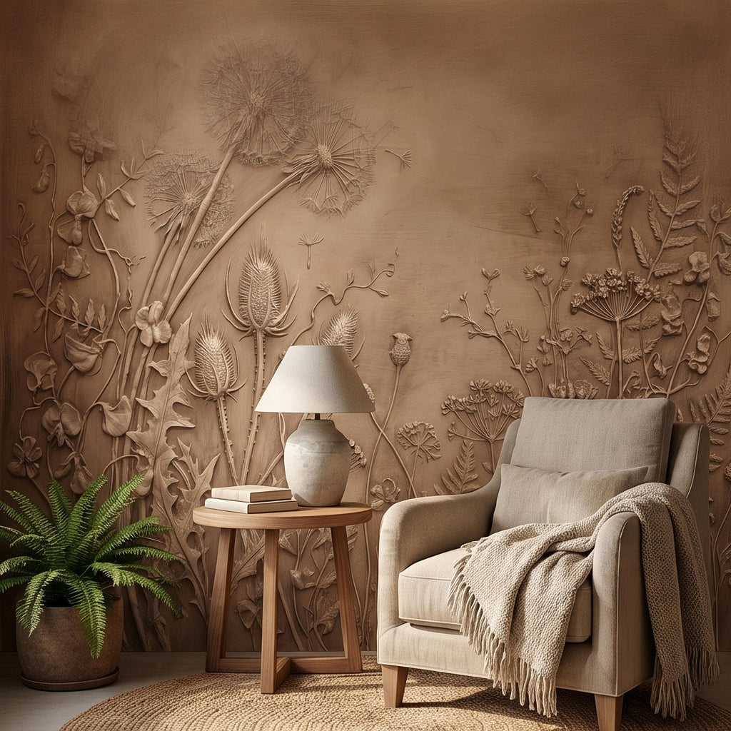 Dandelion Seeds Wildflower Botanical Peel & Stick Wall Mural, Flat Meadow Bas Relief Style, 3D Visual Effect Beige Taupe Floral Wallpaper