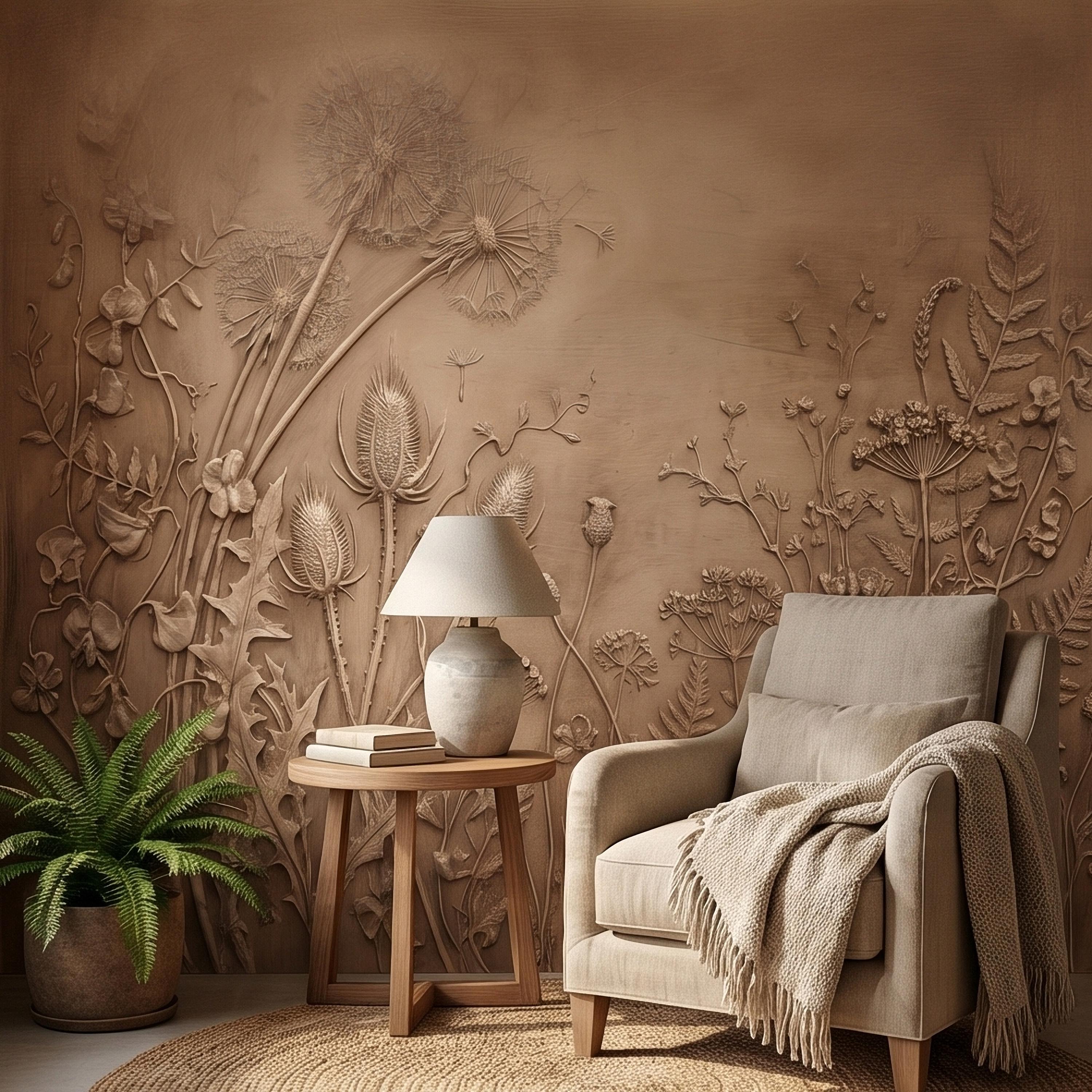 Dandelion Seeds Wildflower Botanical Peel & Stick Wall Mural, Flat Meadow Bas Relief Style, 3D Visual Effect Beige Taupe Floral Wallpaper