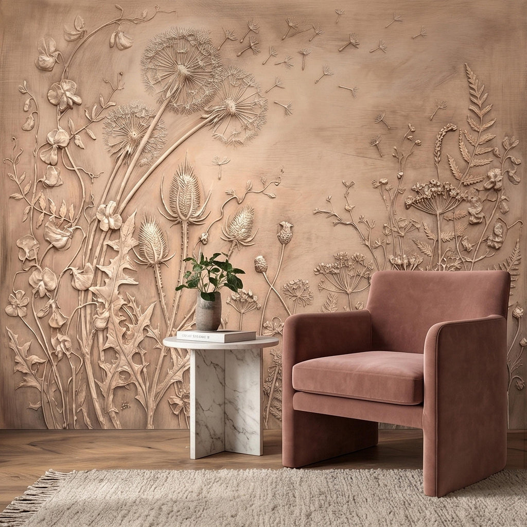 Dandelion Seeds Wildflower Botanical Peel & Stick Wall Mural, Flat Meadow Bas Relief Style, 3D Visual Effect Beige Taupe Floral Wallpaper