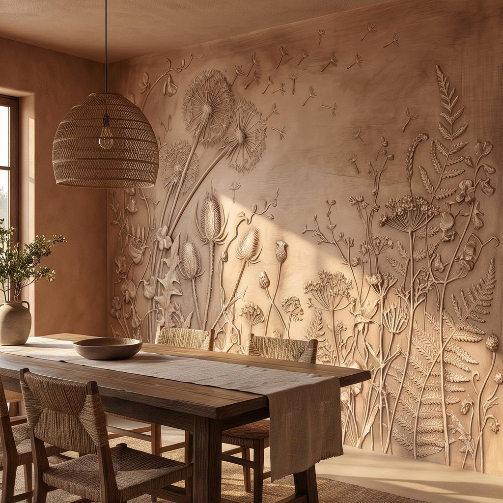 Dandelion Seeds Wildflower Botanical Peel & Stick Wall Mural, Flat Meadow Bas Relief Style, 3D Visual Effect Beige Taupe Floral Wallpaper