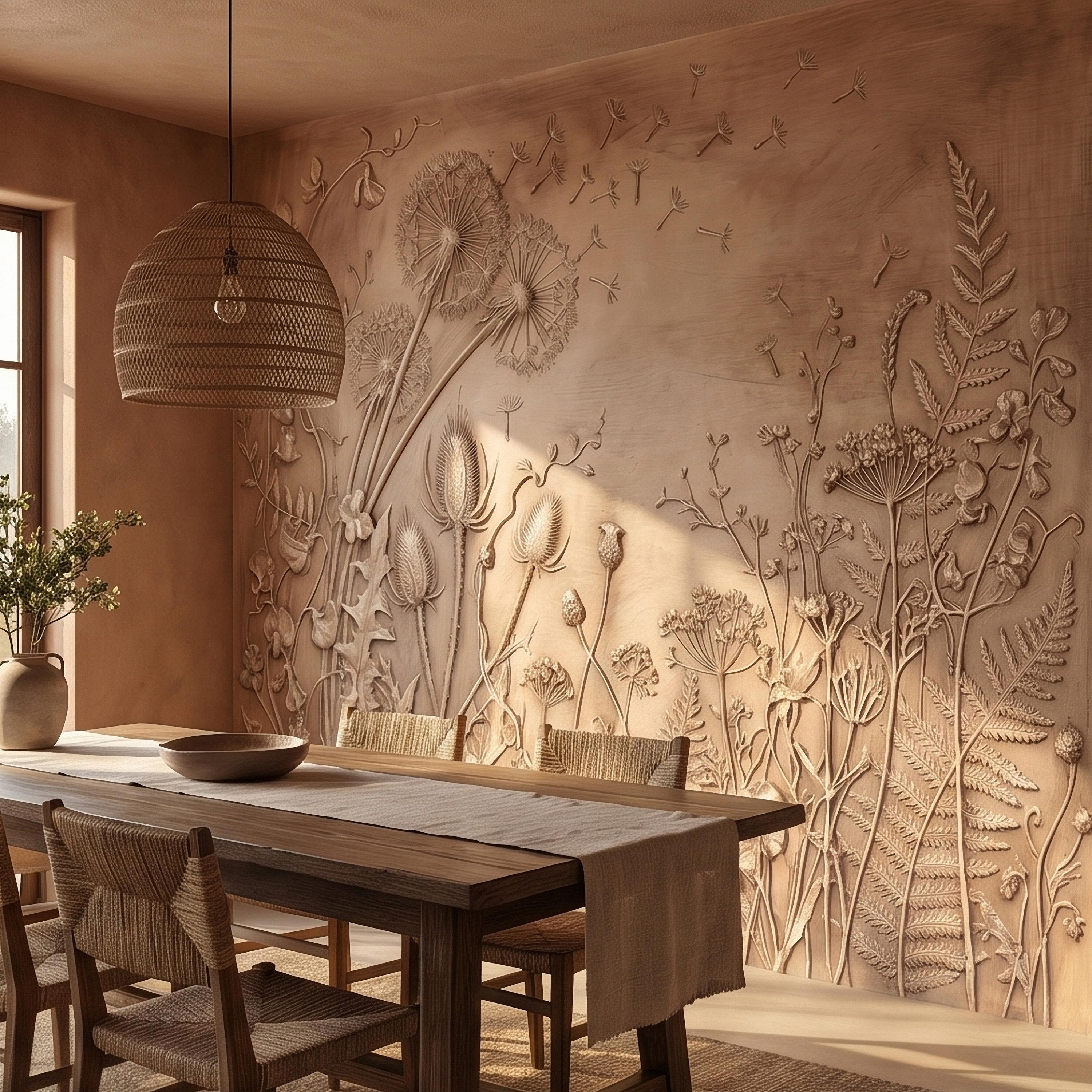 Dandelion Seeds Wildflower Botanical Peel & Stick Wall Mural, Flat Meadow Bas Relief Style, 3D Visual Effect Beige Taupe Floral Wallpaper
