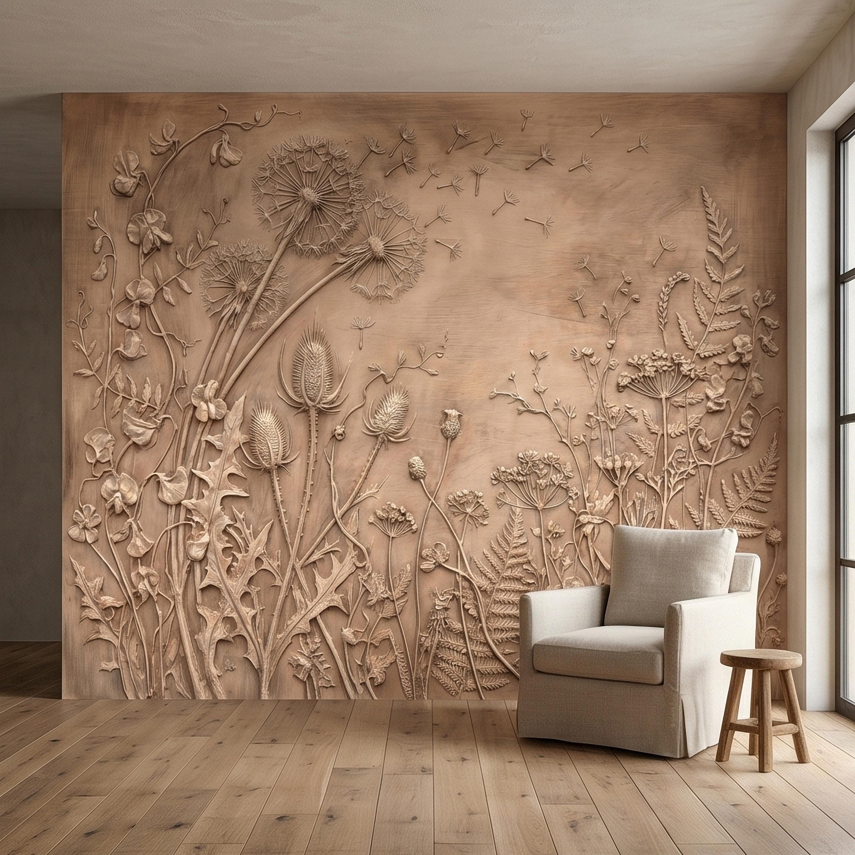 Dandelion Seeds Wildflower Botanical Peel & Stick Wall Mural, Flat Meadow Bas Relief Style, 3D Visual Effect Beige Taupe Floral Wallpaper