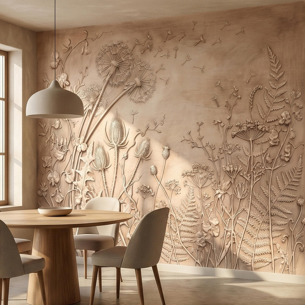 Dandelion Seeds Wildflower Botanical Peel & Stick Wall Mural, Flat Meadow Bas Relief Style, 3D Visual Effect Beige Taupe Floral Wallpaper