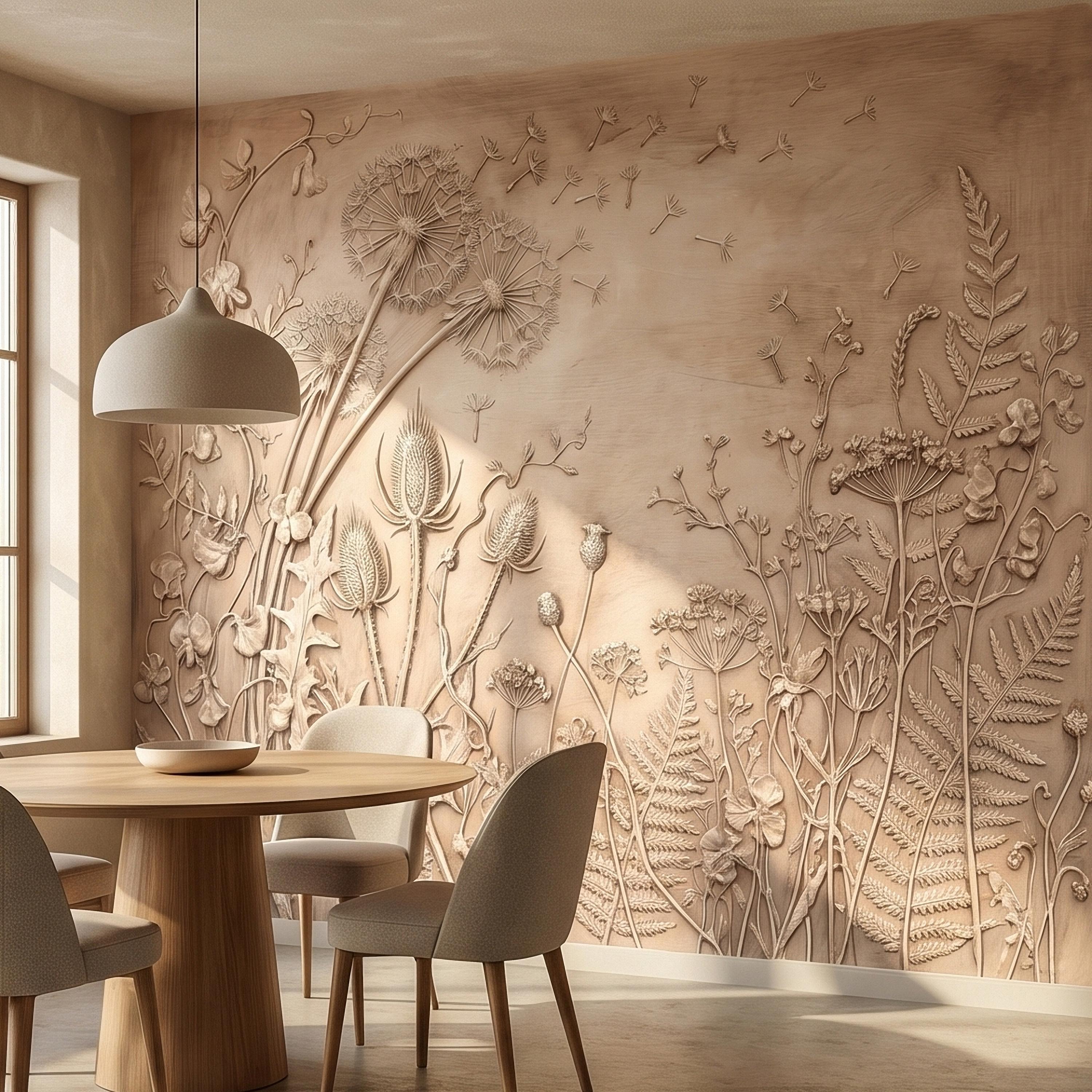 Dandelion Seeds Wildflower Botanical Peel & Stick Wall Mural, Flat Meadow Bas Relief Style, 3D Visual Effect Beige Taupe Floral Wallpaper