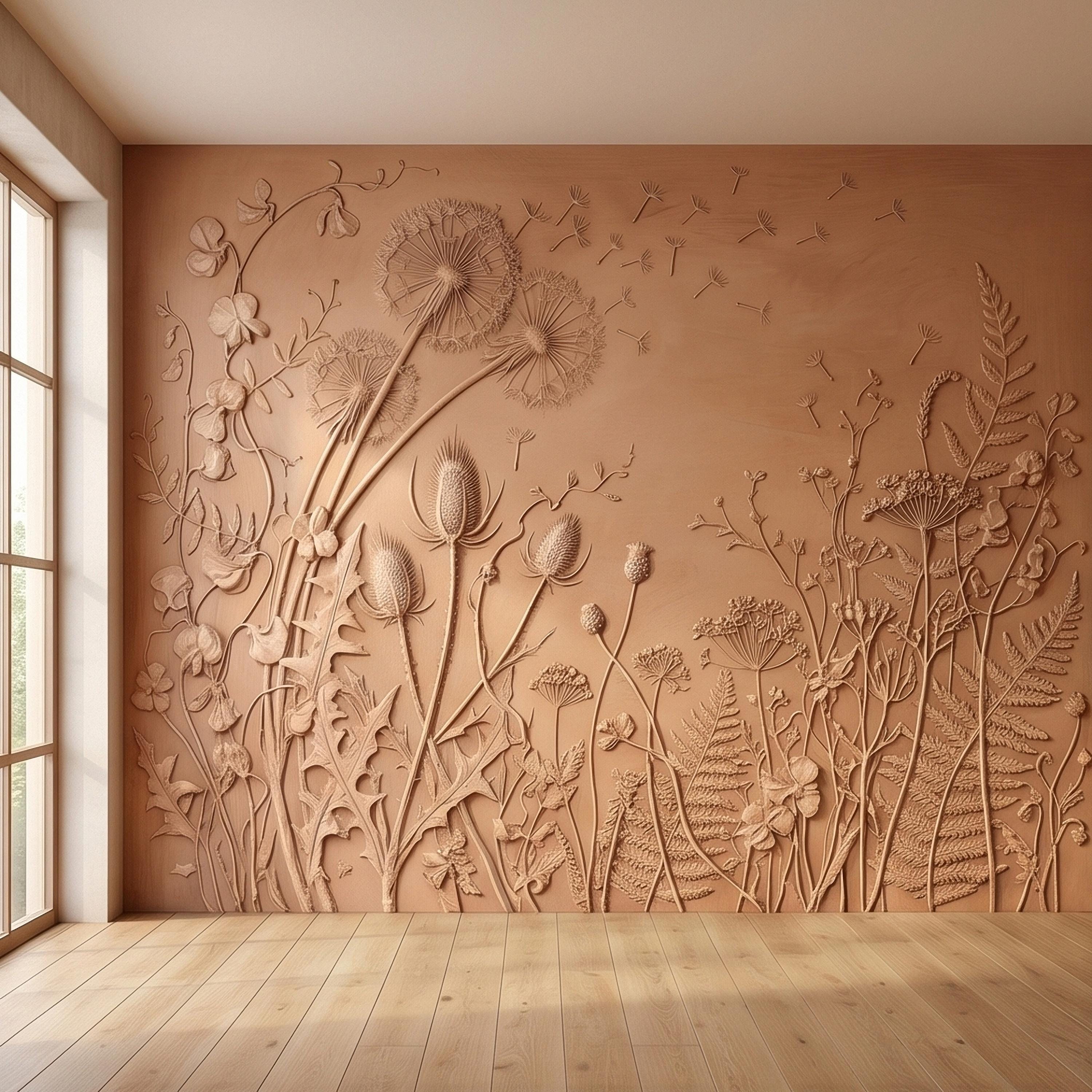 Dandelion Seeds Wildflower Botanical Peel & Stick Wall Mural, Flat Meadow Bas Relief Style, 3D Visual Effect Beige Taupe Floral Wallpaper