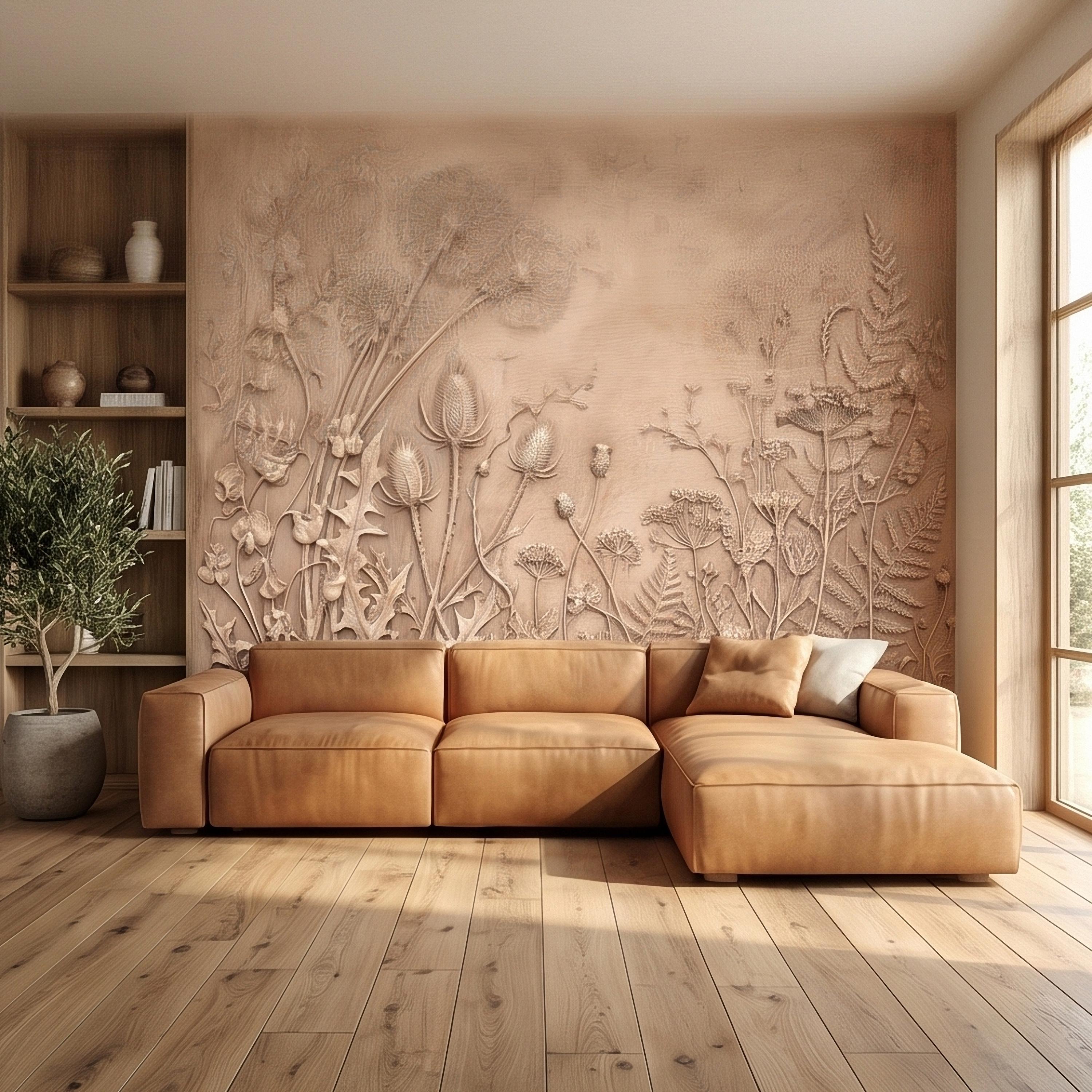 Dandelion Seeds Wildflower Botanical Peel & Stick Wall Mural, Flat Meadow Bas Relief Style, 3D Visual Effect Beige Taupe Floral Wallpaper