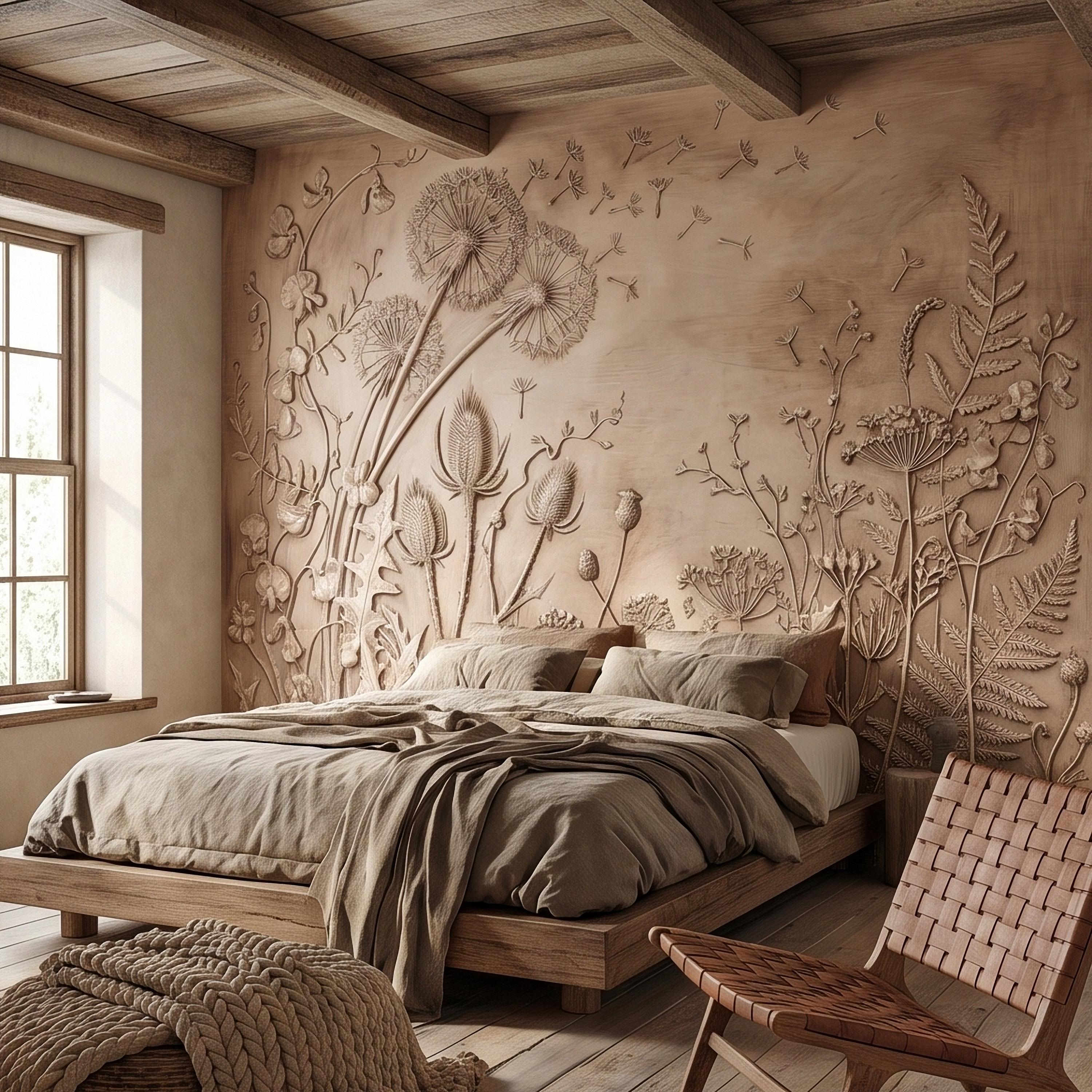 Dandelion Seeds Wildflower Botanical Peel & Stick Wall Mural, Flat Meadow Bas Relief Style, 3D Visual Effect Beige Taupe Floral Wallpaper