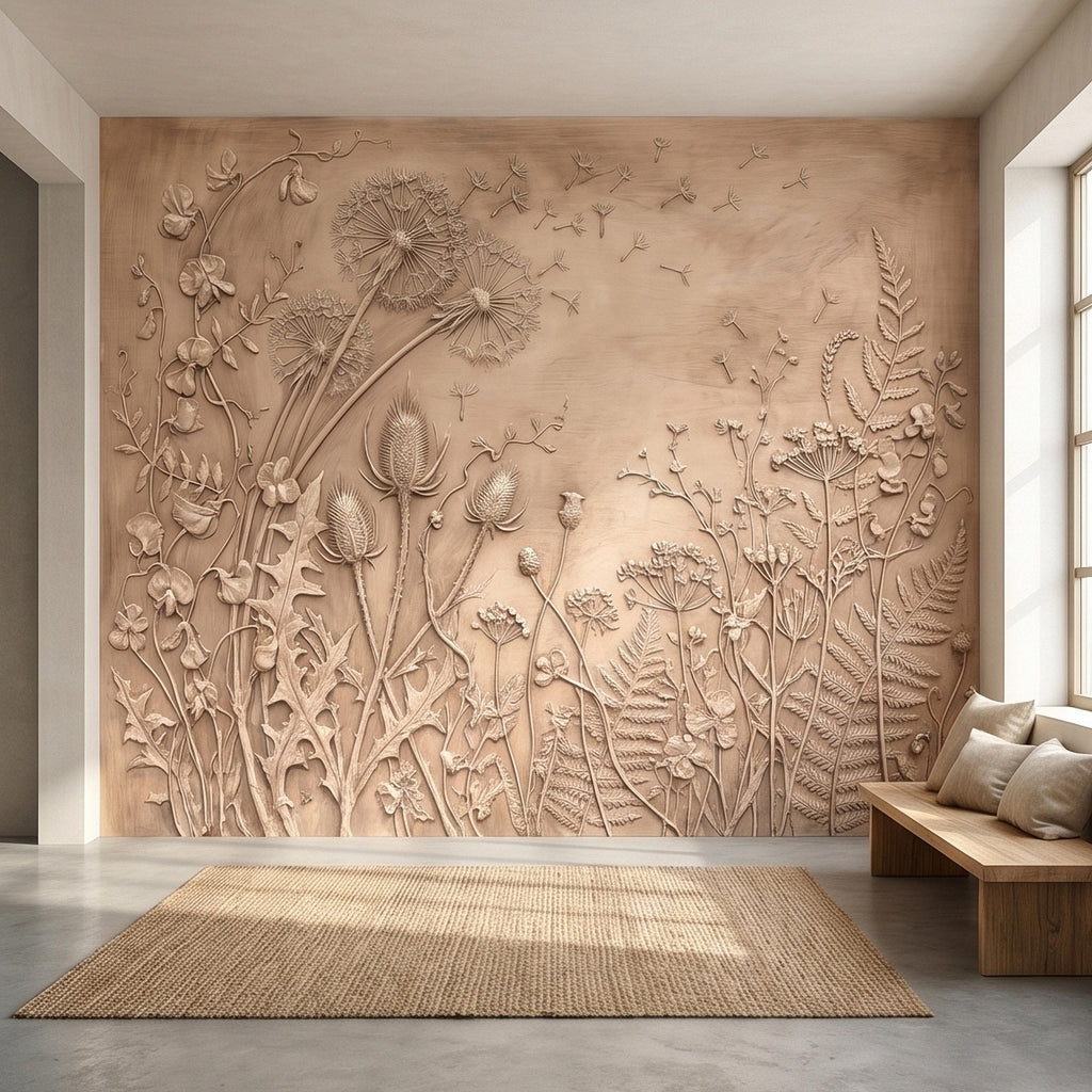 Dandelion Seeds Wildflower Botanical Peel & Stick Wall Mural, Flat Meadow Bas Relief Style, 3D Visual Effect Beige Taupe Floral Wallpaper