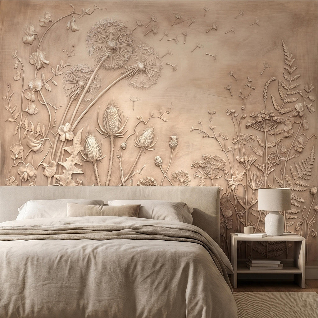 Dandelion Seeds Wildflower Botanical Peel & Stick Wall Mural, Flat Meadow Bas Relief Style, 3D Visual Effect Beige Taupe Floral Wallpaper