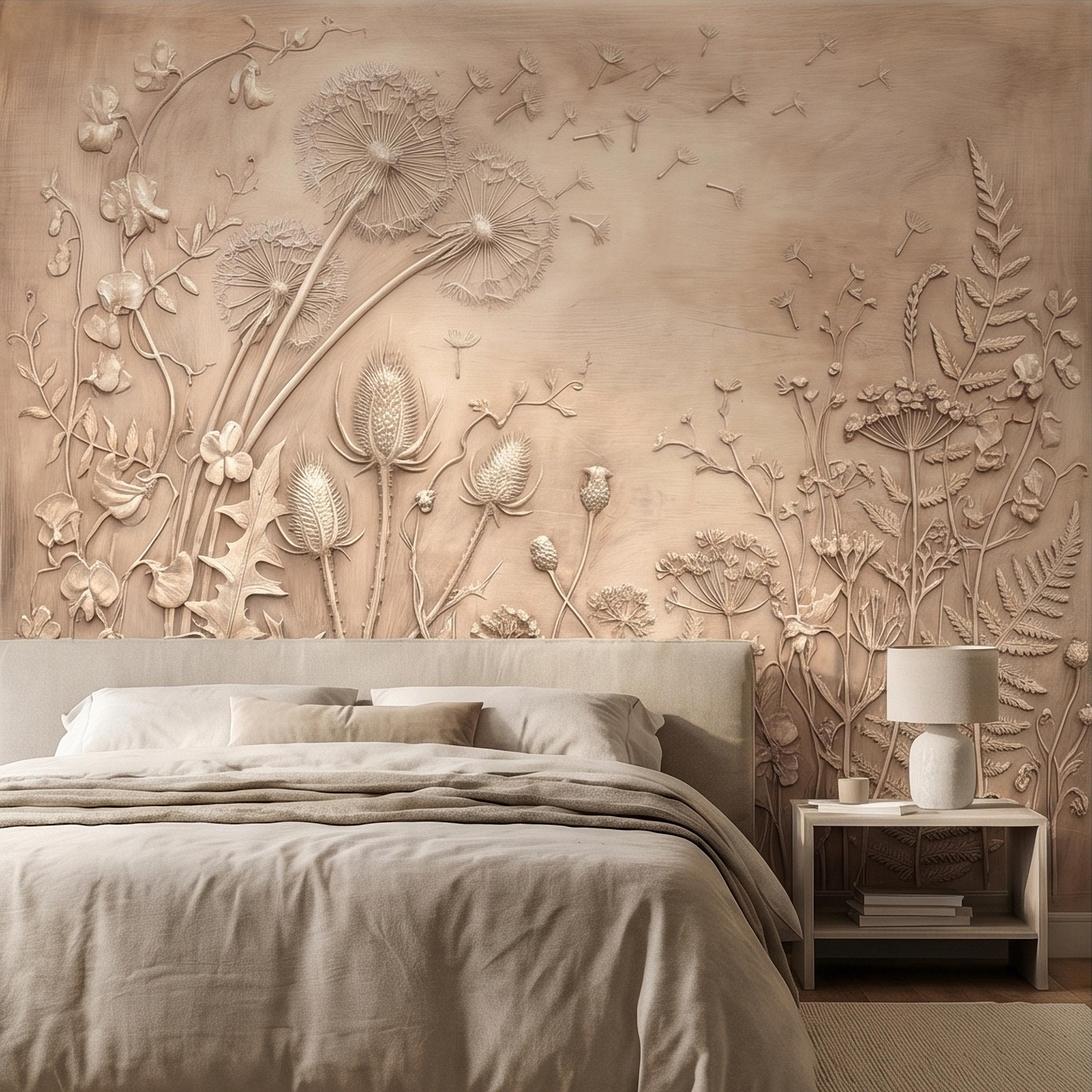 Dandelion Seeds Wildflower Botanical Peel & Stick Wall Mural, Flat Meadow Bas Relief Style, 3D Visual Effect Beige Taupe Floral Wallpaper