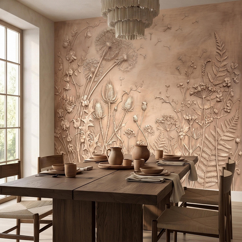 Dandelion Seeds Wildflower Botanical Peel & Stick Wall Mural, Flat Meadow Bas Relief Style, 3D Visual Effect Beige Taupe Floral Wallpaper