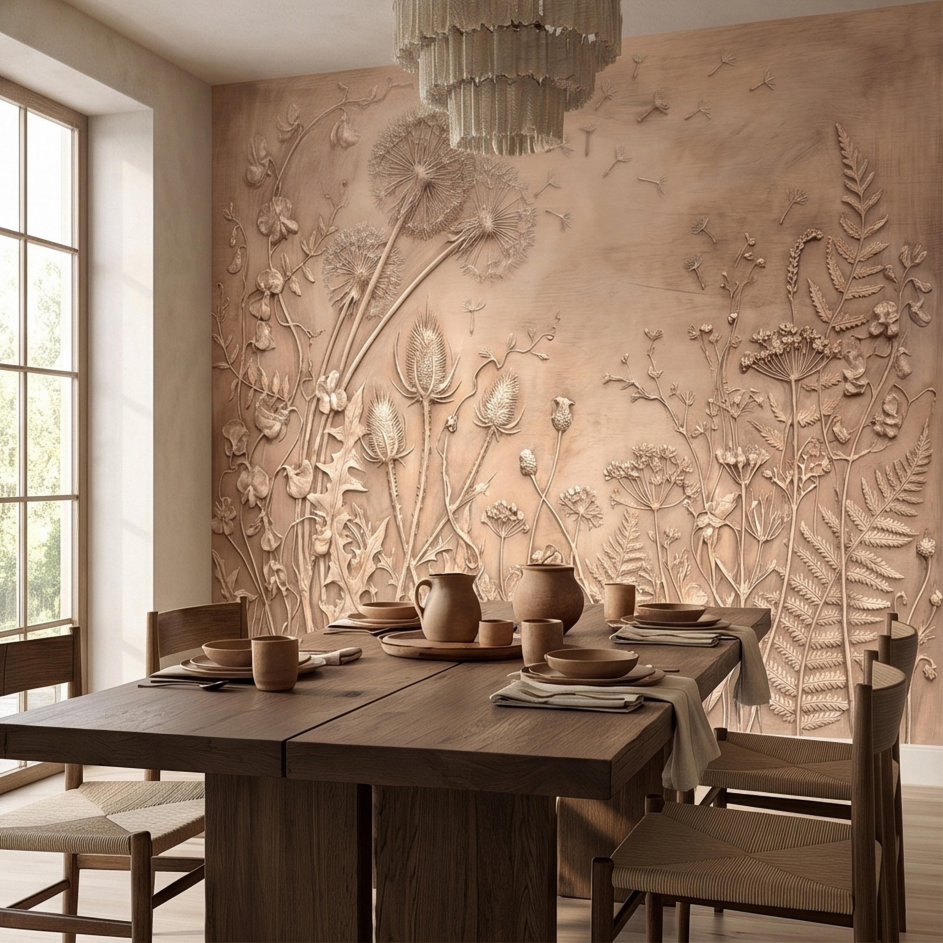 Dandelion Seeds Wildflower Botanical Peel & Stick Wall Mural, Flat Meadow Bas Relief Style, 3D Visual Effect Beige Taupe Floral Wallpaper