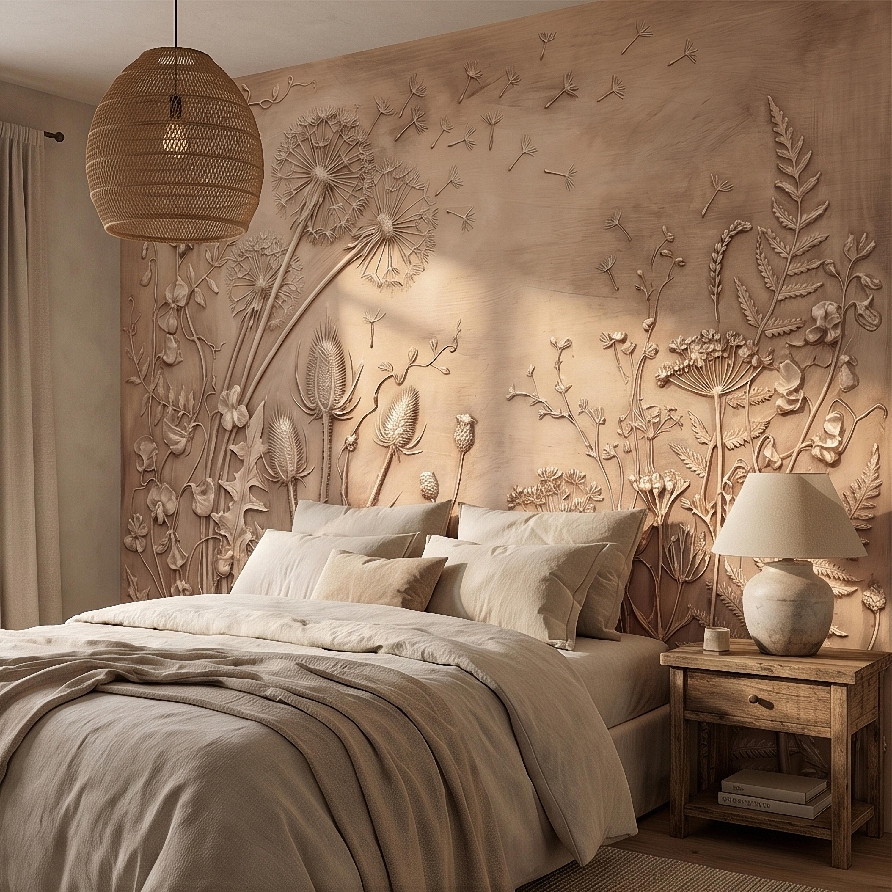 Dandelion Seeds Wildflower Botanical Peel & Stick Wall Mural, Flat Meadow Bas Relief Style, 3D Visual Effect Beige Taupe Floral Wallpaper