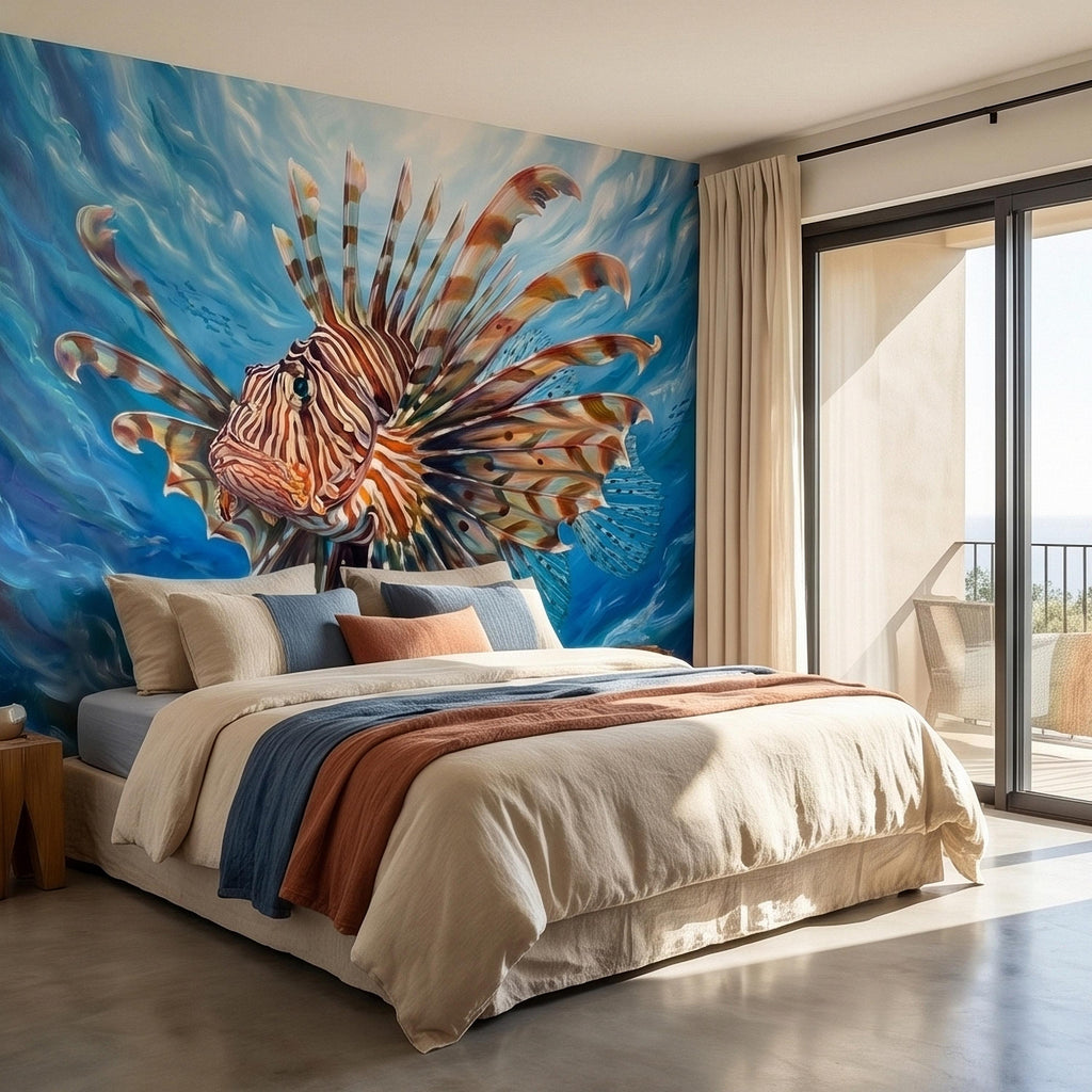 Lionfish Underwater Ocean Swirl Painting Peel and Stick Wall Mural, Tropical Reef Marine Life Fish Exotic Saltwater Blue Sea Wallpaper