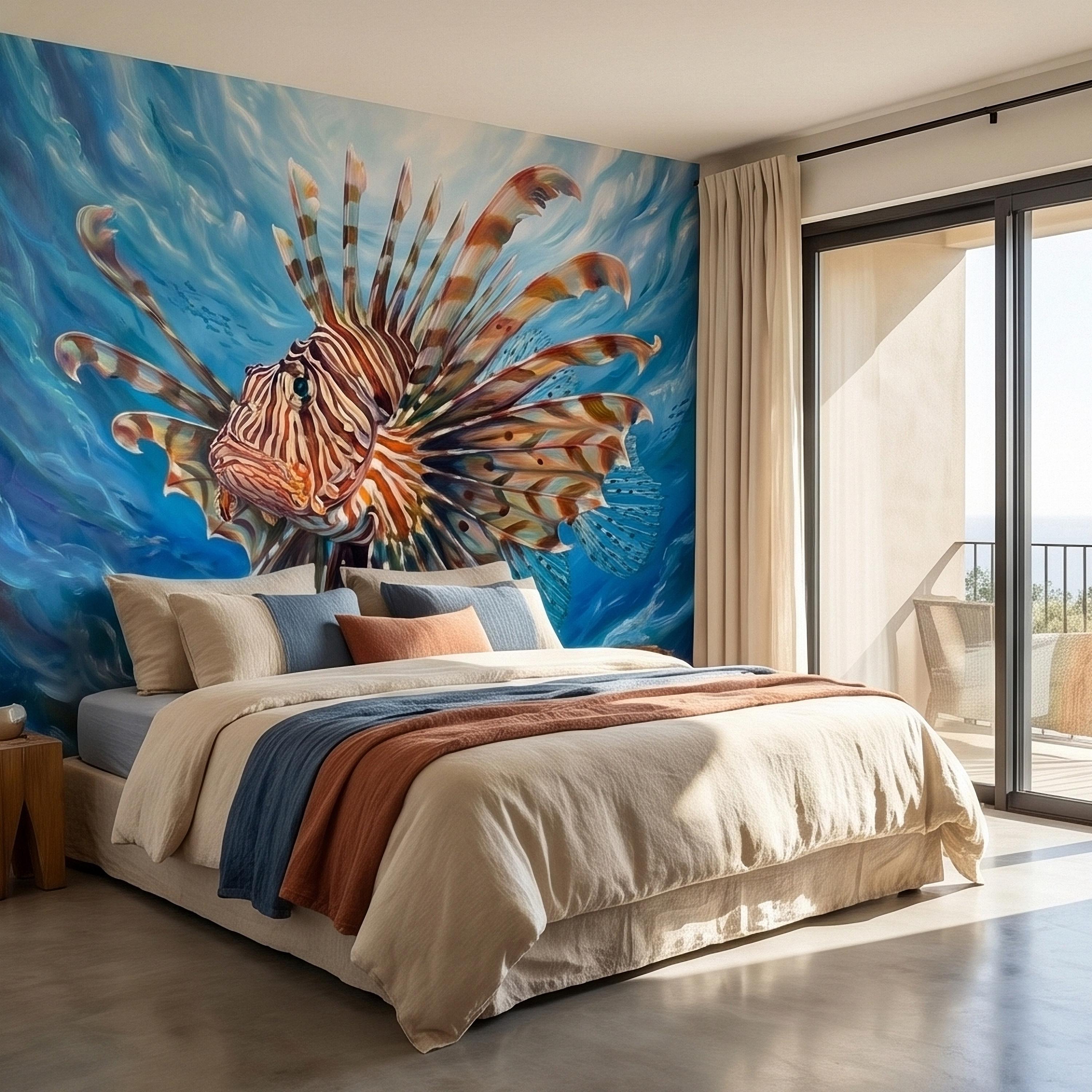 Lionfish Underwater Ocean Swirl Painting Peel and Stick Wall Mural, Tropical Reef Marine Life Fish Exotic Saltwater Blue Sea Wallpaper