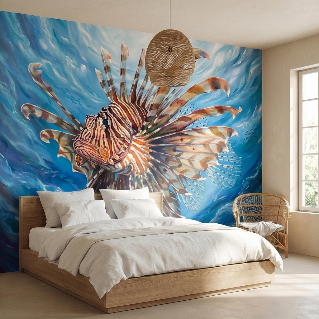 Lionfish Underwater Ocean Swirl Painting Peel and Stick Wall Mural, Tropical Reef Marine Life Fish Exotic Saltwater Blue Sea Wallpaper