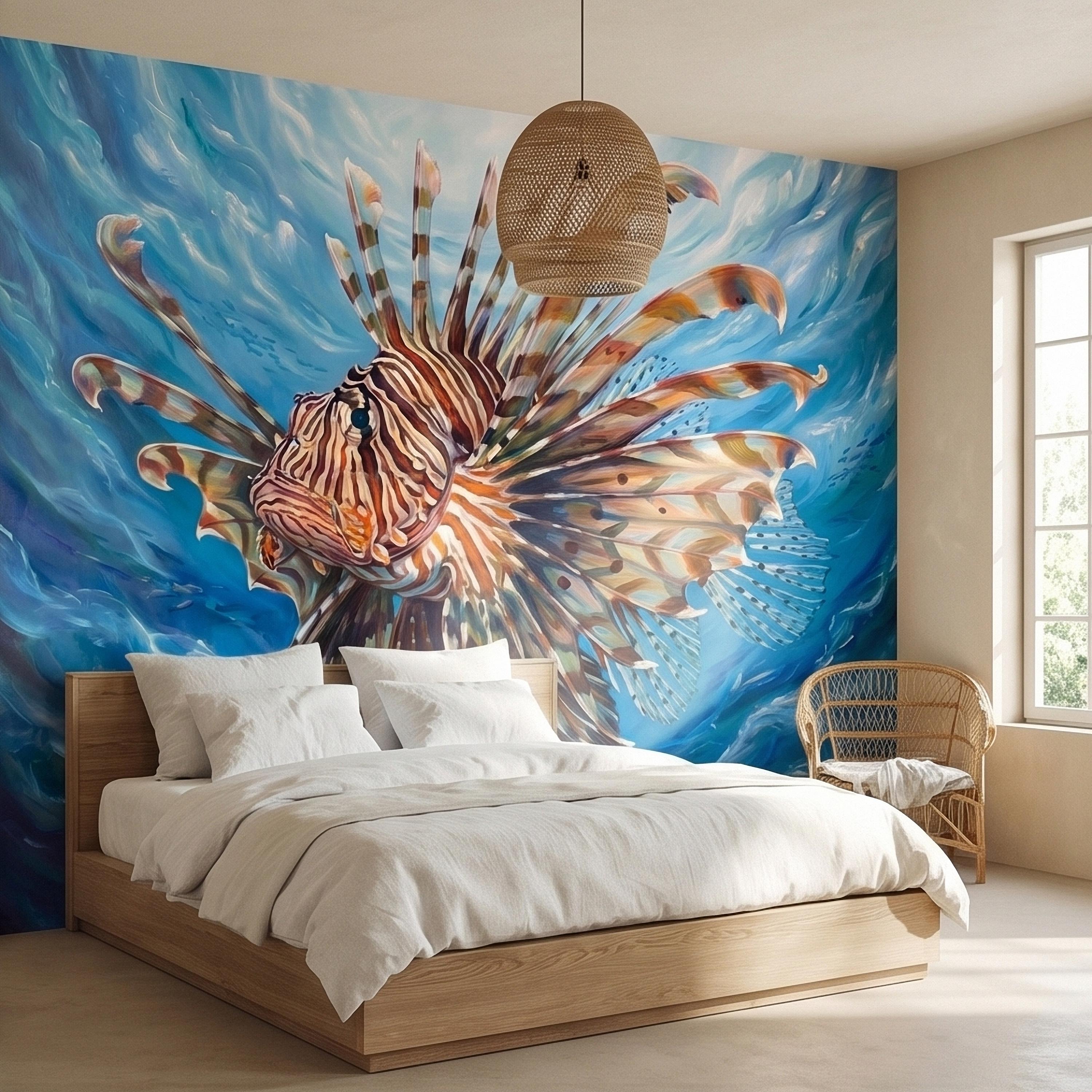 Lionfish Underwater Ocean Swirl Painting Peel and Stick Wall Mural, Tropical Reef Marine Life Fish Exotic Saltwater Blue Sea Wallpaper