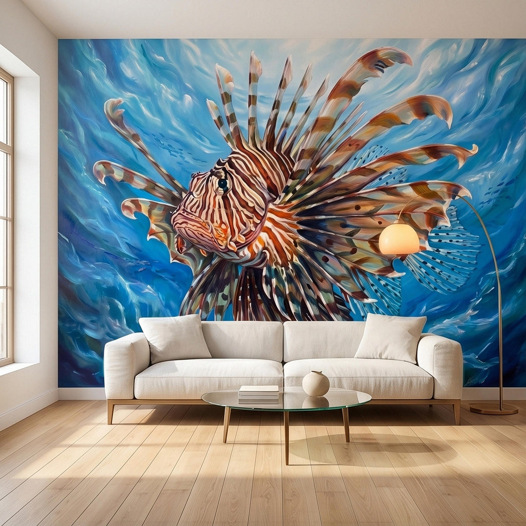 Lionfish Underwater Ocean Swirl Painting Peel and Stick Wall Mural, Tropical Reef Marine Life Fish Exotic Saltwater Blue Sea Wallpaper