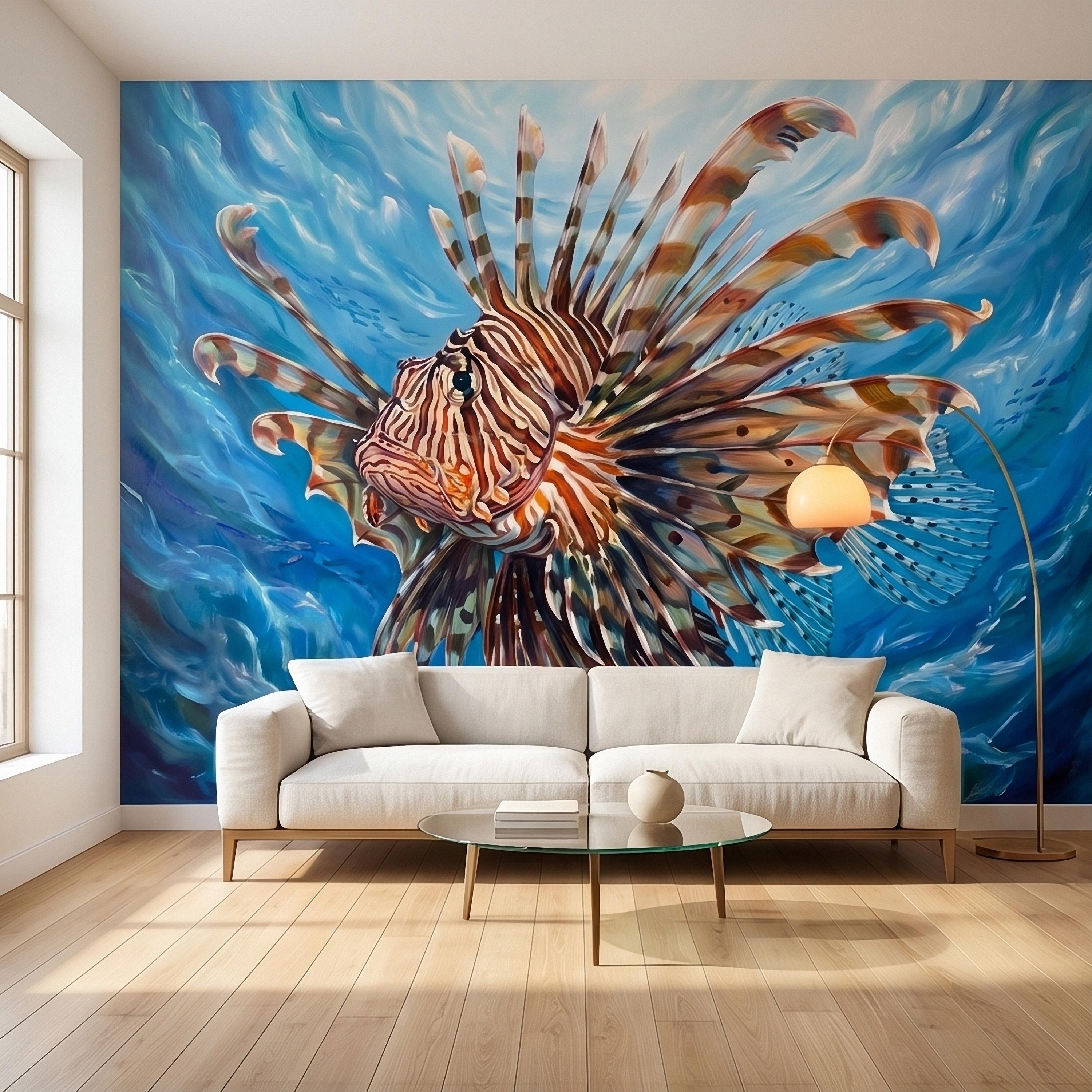 Lionfish Underwater Ocean Swirl Painting Peel and Stick Wall Mural, Tropical Reef Marine Life Fish Exotic Saltwater Blue Sea Wallpaper