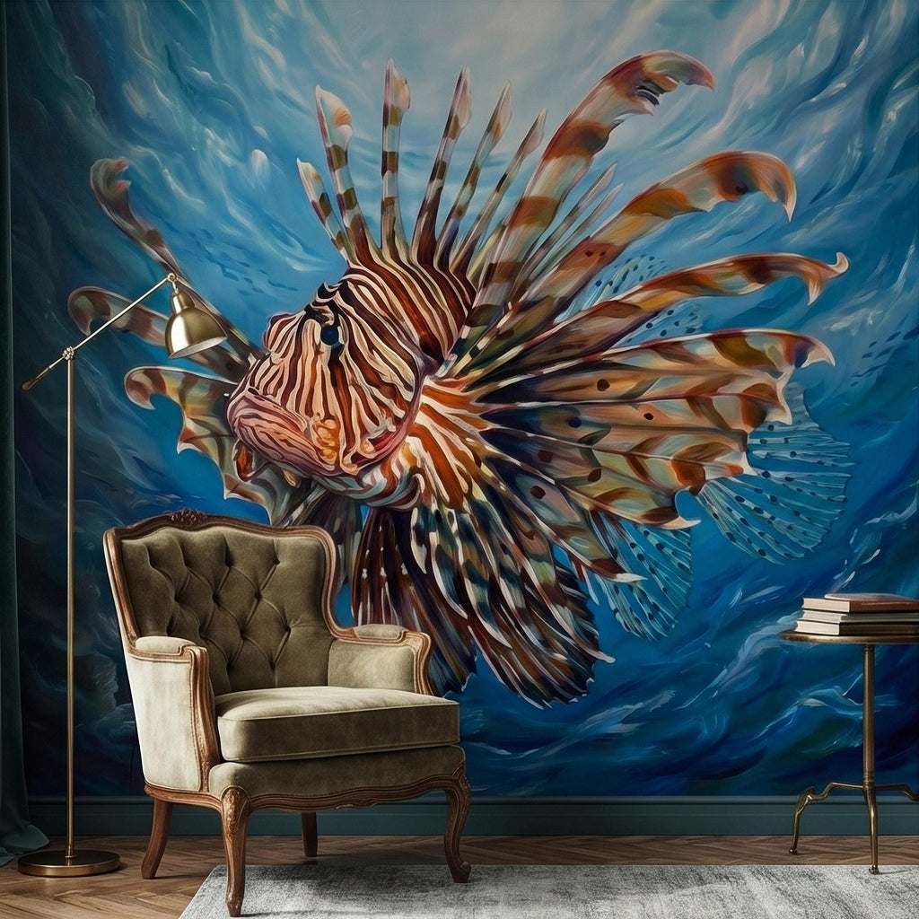 Lionfish Underwater Ocean Swirl Painting Peel and Stick Wall Mural, Tropical Reef Marine Life Fish Exotic Saltwater Blue Sea Wallpaper