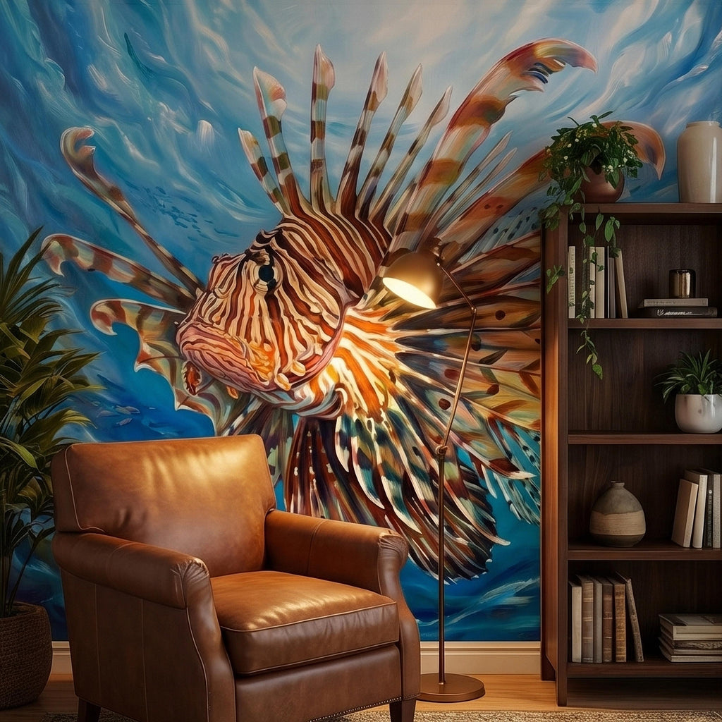 Lionfish Underwater Ocean Swirl Painting Peel and Stick Wall Mural, Tropical Reef Marine Life Fish Exotic Saltwater Blue Sea Wallpaper