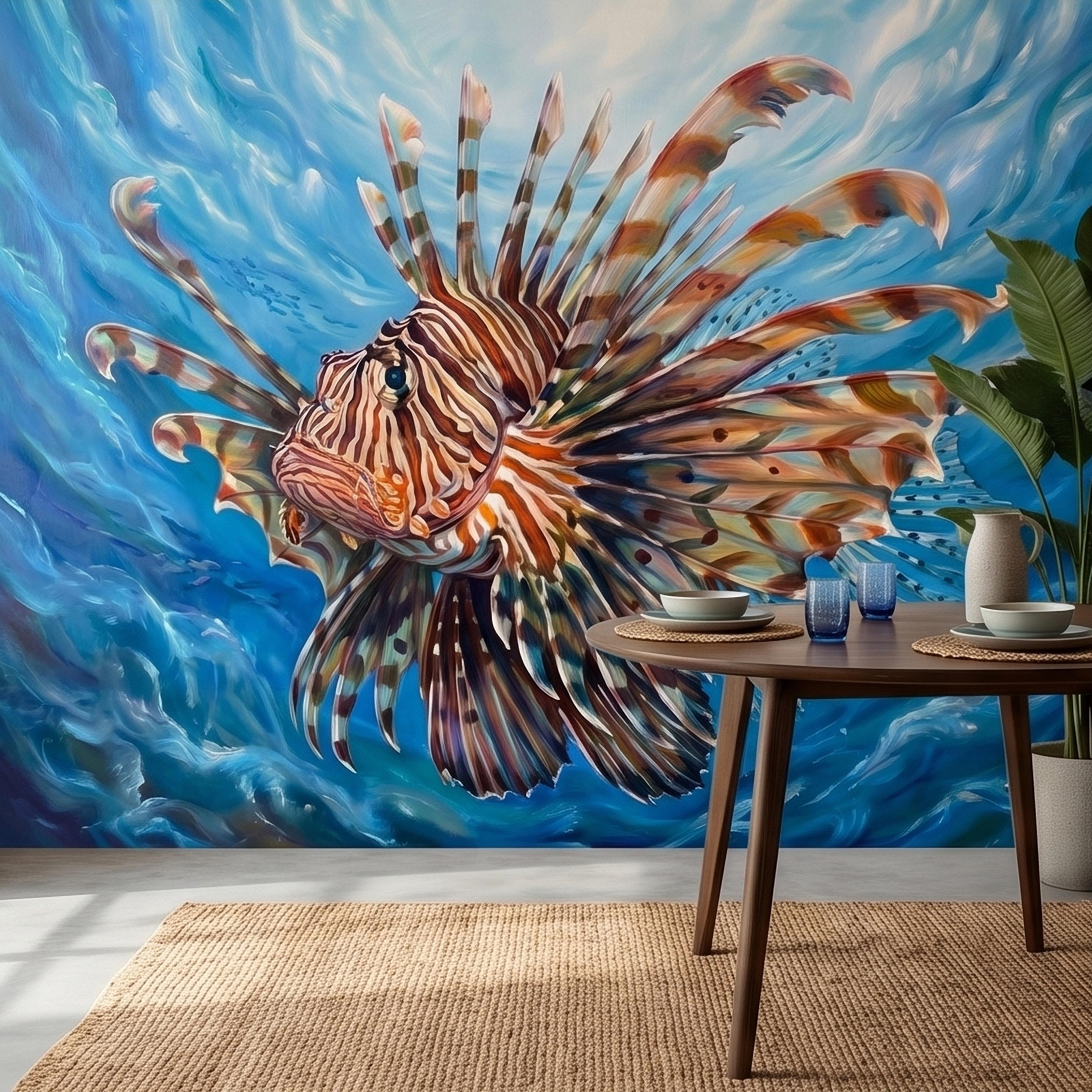 Lionfish Underwater Ocean Swirl Painting Peel and Stick Wall Mural, Tropical Reef Marine Life Fish Exotic Saltwater Blue Sea Wallpaper