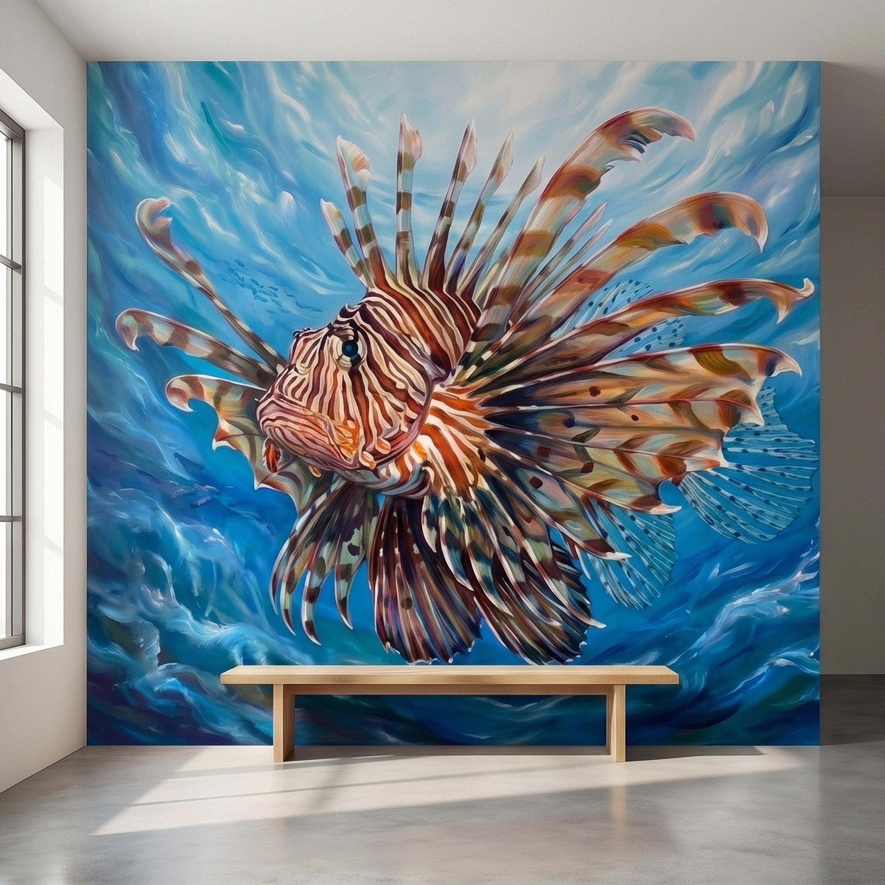 Lionfish Underwater Ocean Swirl Painting Peel and Stick Wall Mural, Tropical Reef Marine Life Fish Exotic Saltwater Blue Sea Wallpaper