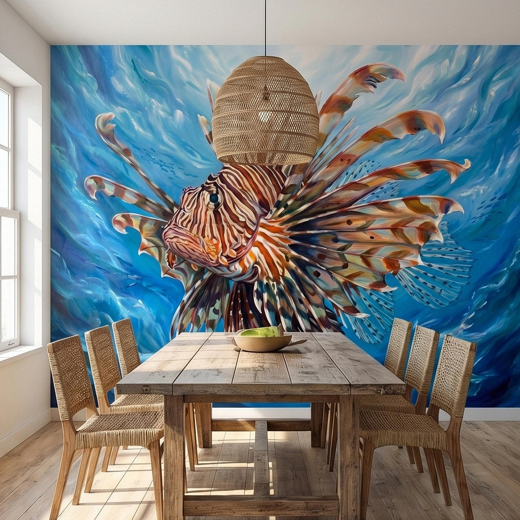 Lionfish Underwater Ocean Swirl Painting Peel and Stick Wall Mural, Tropical Reef Marine Life Fish Exotic Saltwater Blue Sea Wallpaper
