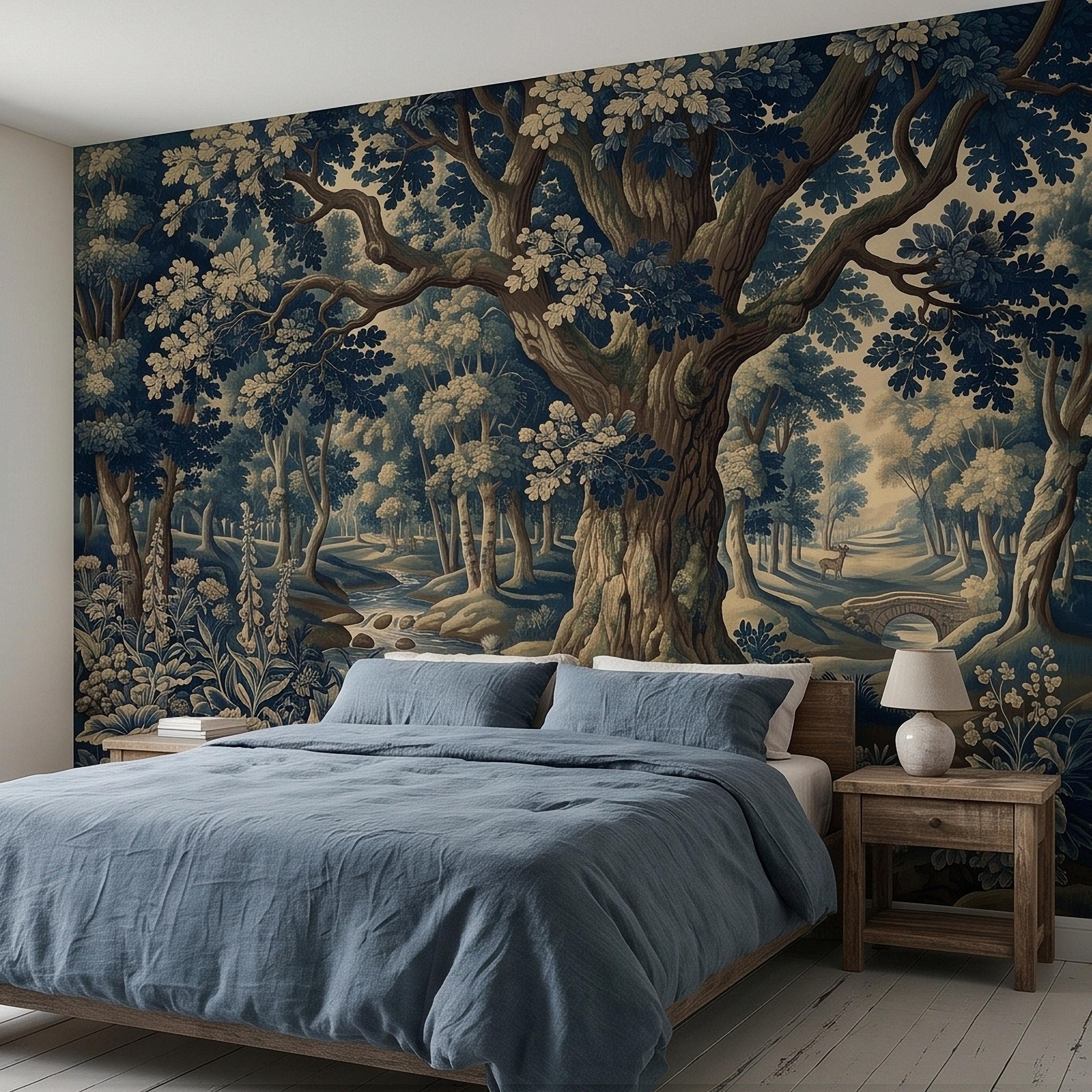 Navy Blue Verdure Peel and Stick Wall Mural, Vintage Woodland Toile Oak Tree River Landscape with Deer and Bridge, Classic Scenic Wallpaper