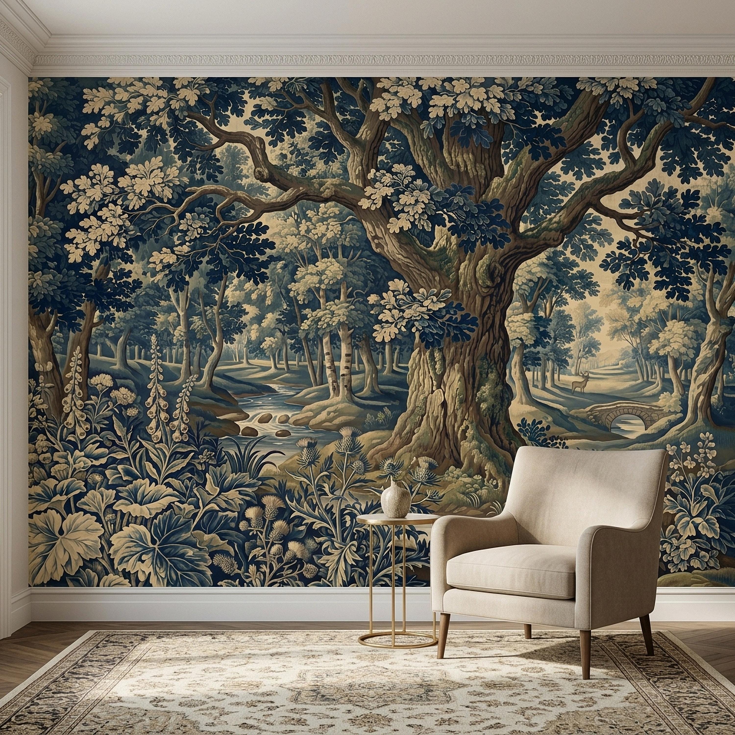 Navy Blue Verdure Peel and Stick Wall Mural, Vintage Woodland Toile Oak Tree River Landscape with Deer and Bridge, Classic Scenic Wallpaper