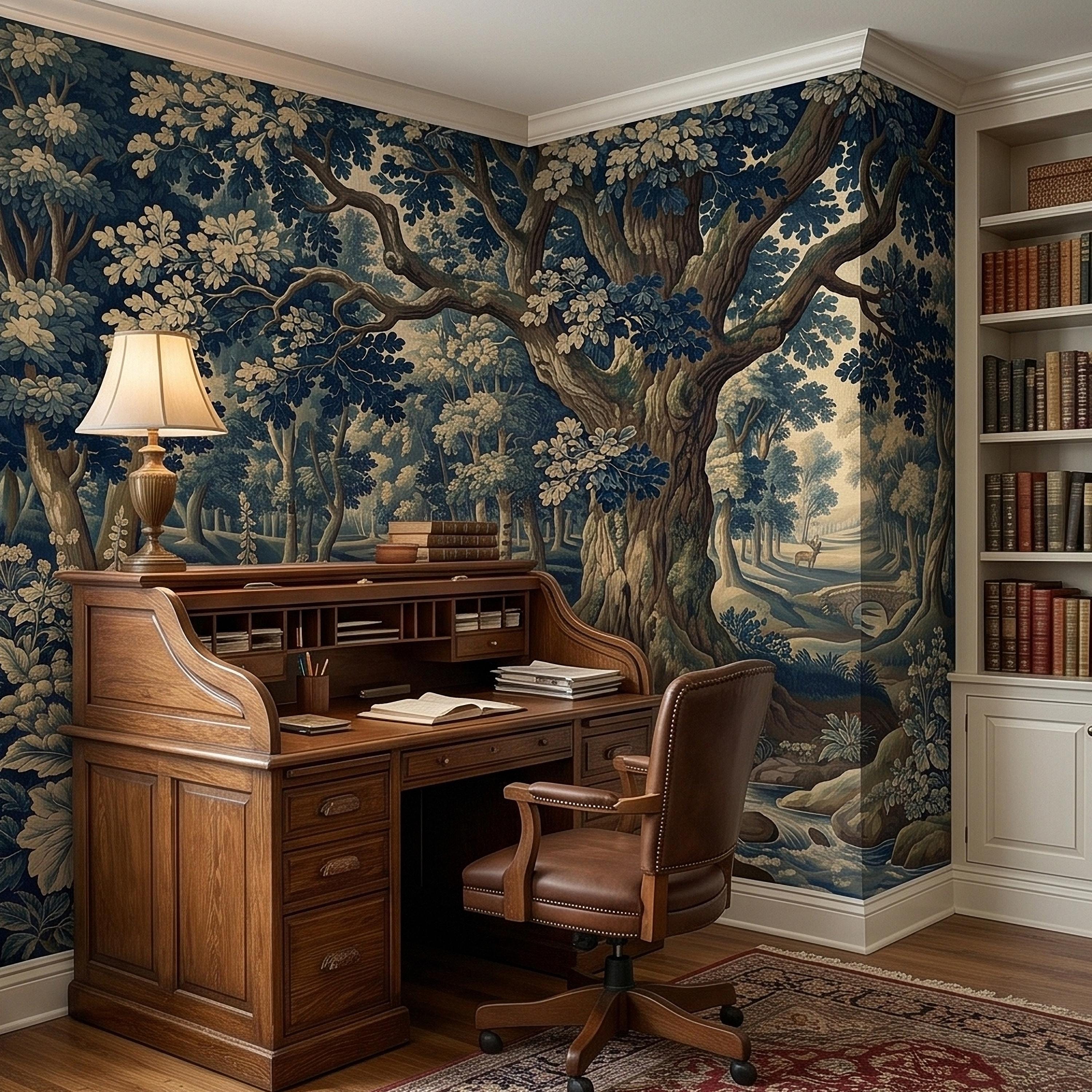 Navy Blue Verdure Peel and Stick Wall Mural, Vintage Woodland Toile Oak Tree River Landscape with Deer and Bridge, Classic Scenic Wallpaper