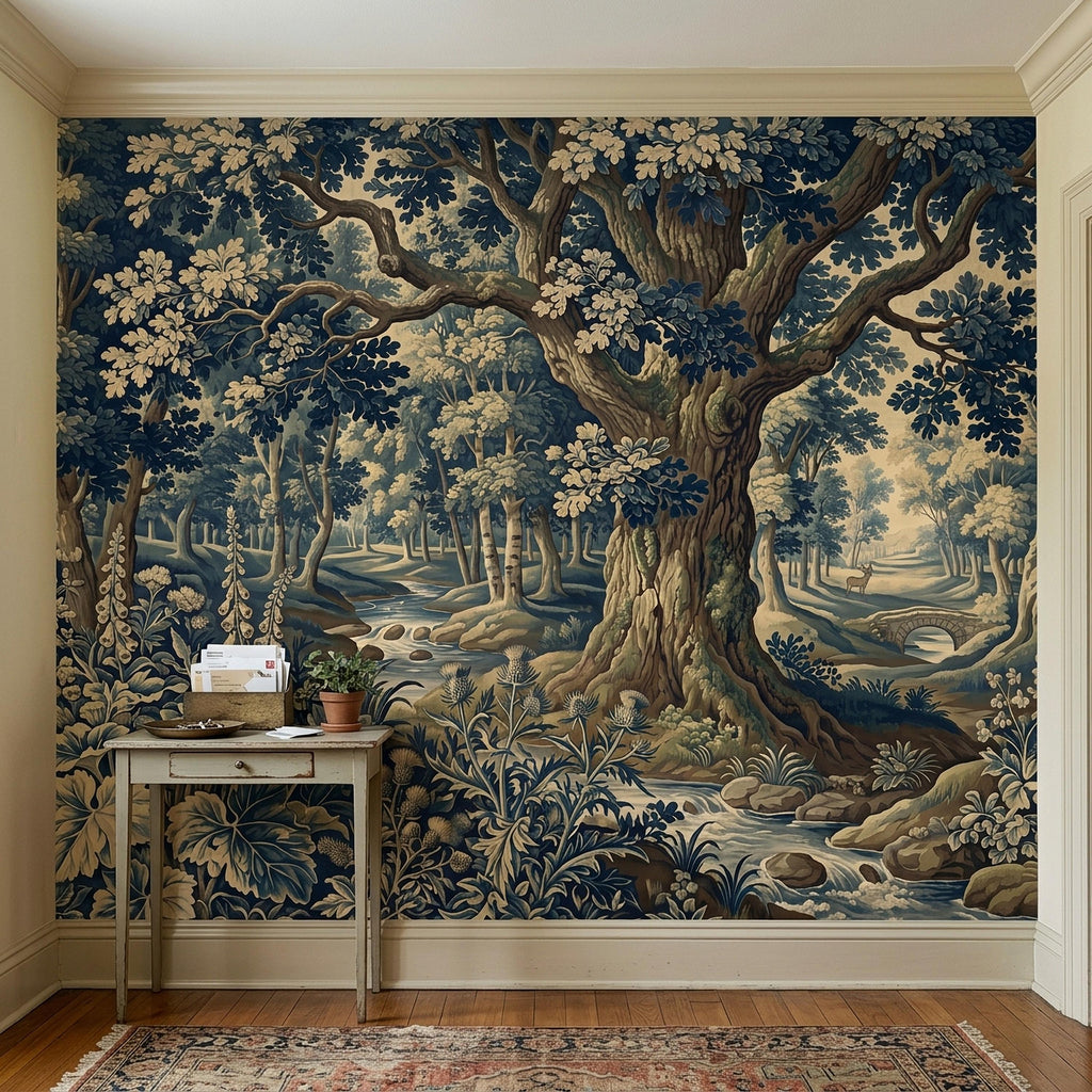 Navy Blue Verdure Peel and Stick Wall Mural, Vintage Woodland Toile Oak Tree River Landscape with Deer and Bridge, Classic Scenic Wallpaper
