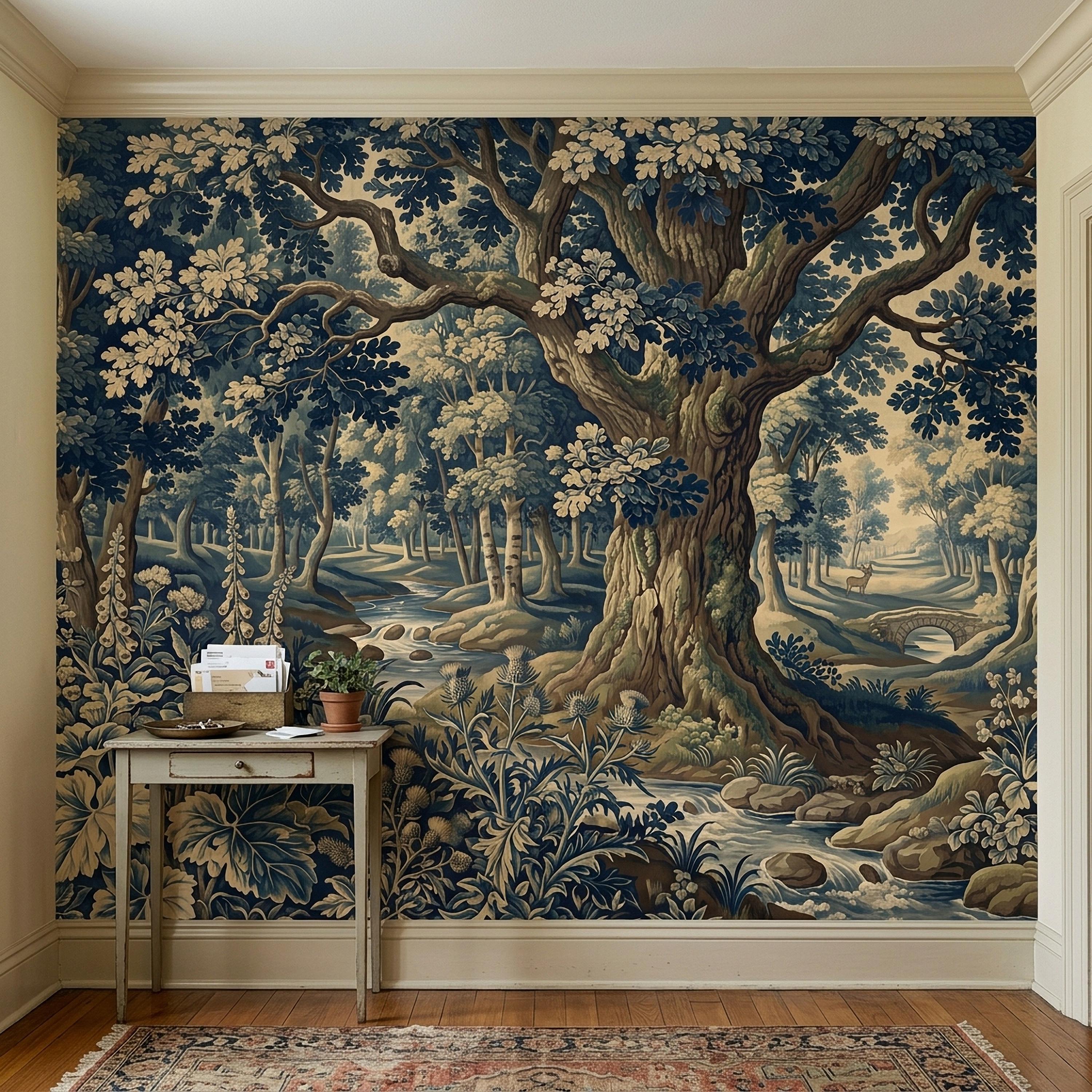 Navy Blue Verdure Peel and Stick Wall Mural, Vintage Woodland Toile Oak Tree River Landscape with Deer and Bridge, Classic Scenic Wallpaper
