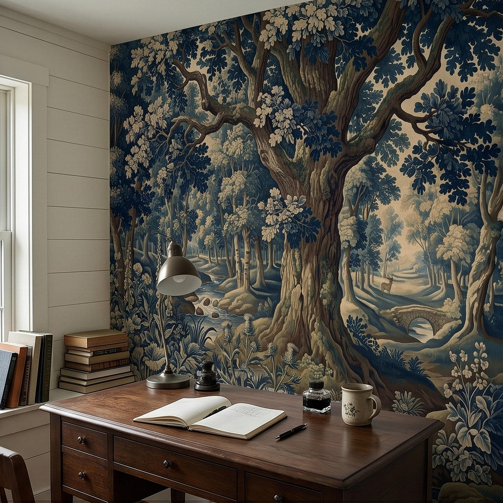 Navy Blue Verdure Peel and Stick Wall Mural, Vintage Woodland Toile Oak Tree River Landscape with Deer and Bridge, Classic Scenic Wallpaper