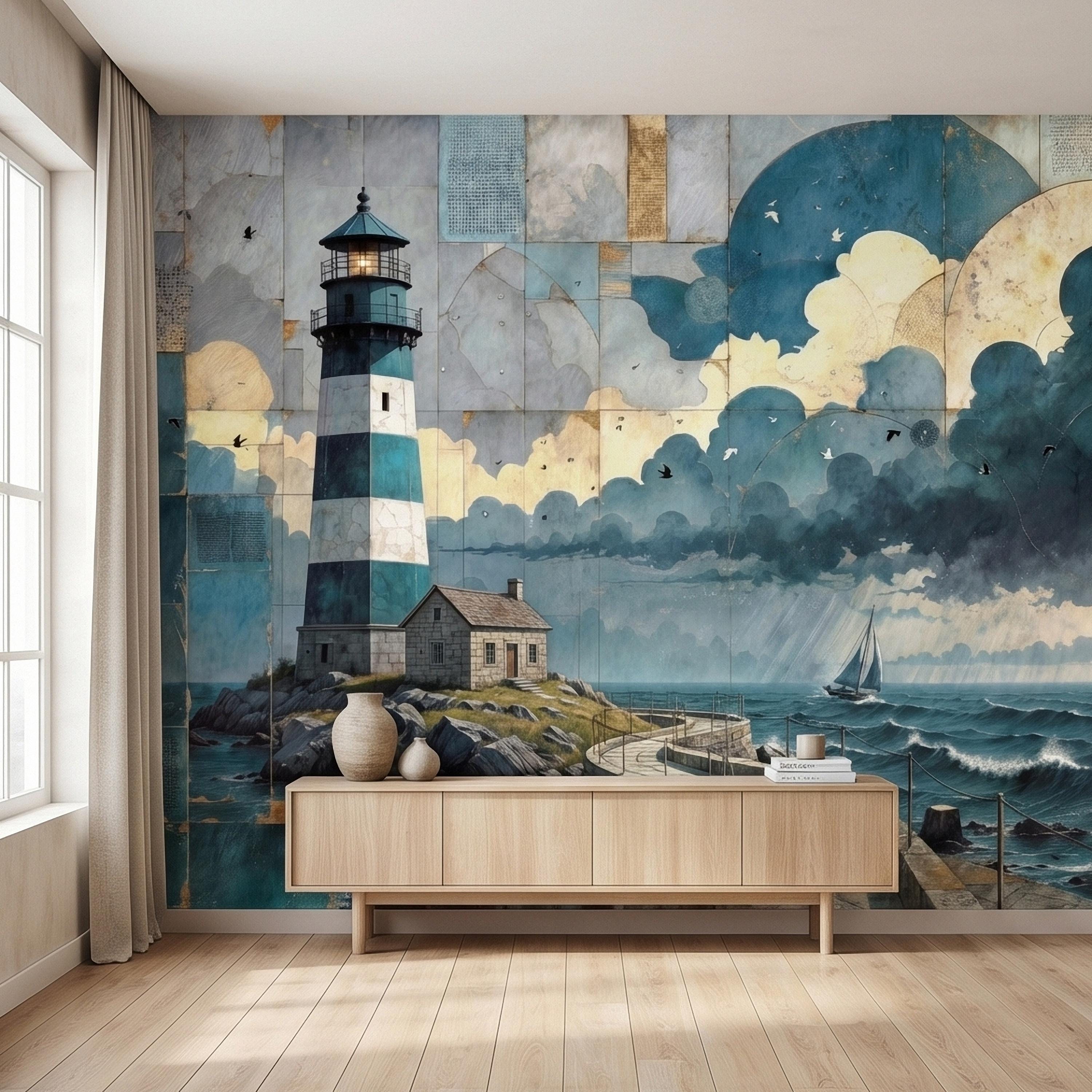 Vintage Coastal Lighthouse Ocean Seascape Collage Peel and Stick Wall Mural, Nautical Sailboat Sea Waves Teal Blue Patchwork Sky Wallpaper