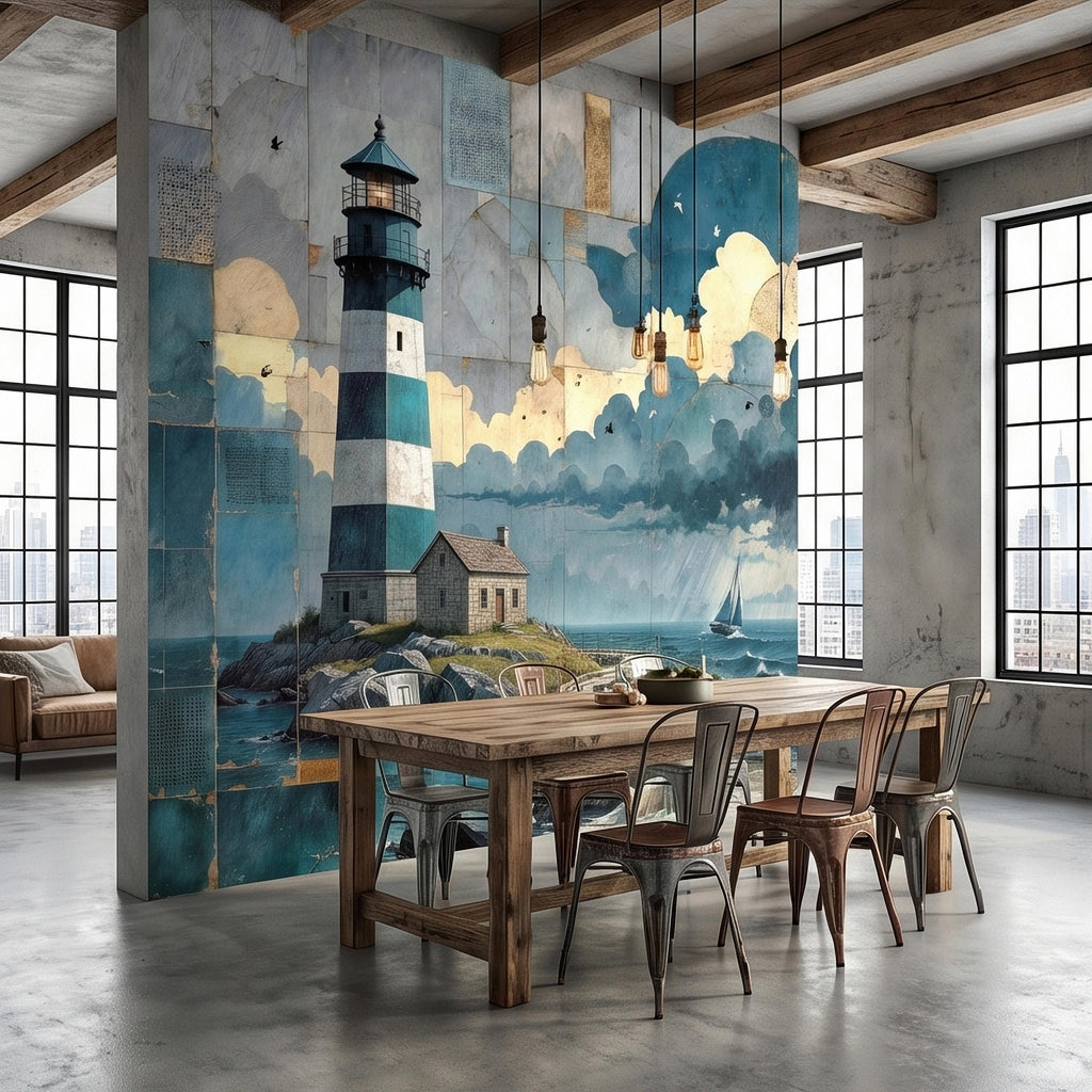Vintage Coastal Lighthouse Ocean Seascape Collage Peel and Stick Wall Mural, Nautical Sailboat Sea Waves Teal Blue Patchwork Sky Wallpaper