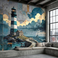 Vintage Coastal Lighthouse Ocean Seascape Collage Peel and Stick Wall Mural, Nautical Sailboat Sea Waves Teal Blue Patchwork Sky Wallpaper