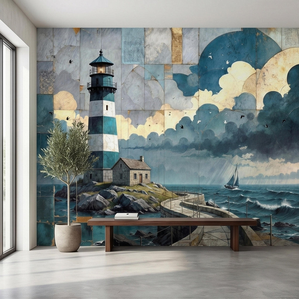 Vintage Coastal Lighthouse Ocean Seascape Collage Peel and Stick Wall Mural, Nautical Sailboat Sea Waves Teal Blue Patchwork Sky Wallpaper