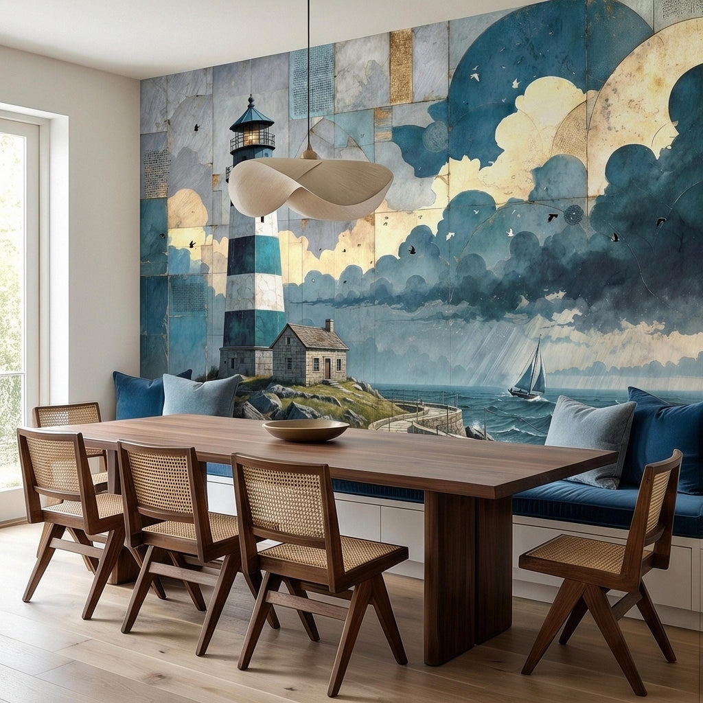 Vintage Coastal Lighthouse Ocean Seascape Collage Peel and Stick Wall Mural, Nautical Sailboat Sea Waves Teal Blue Patchwork Sky Wallpaper
