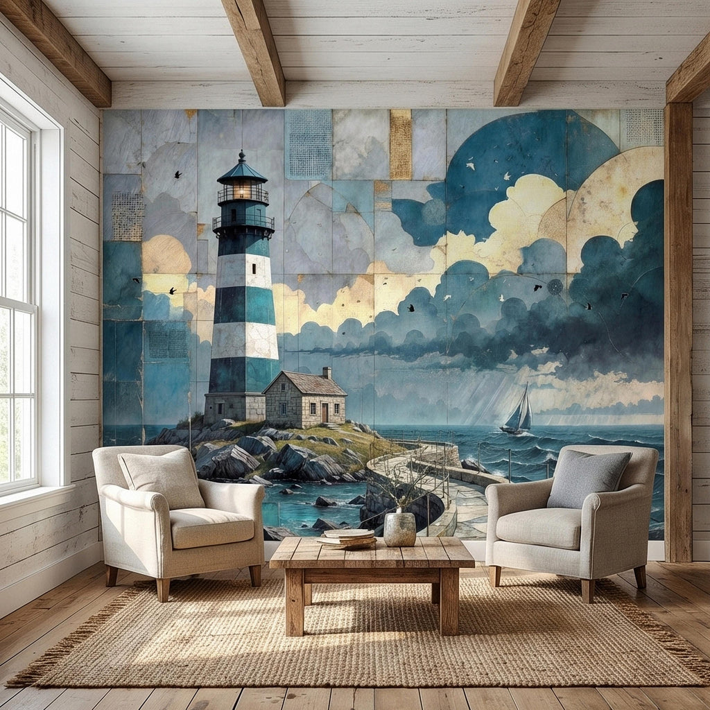 Vintage Coastal Lighthouse Ocean Seascape Collage Peel and Stick Wall Mural, Nautical Sailboat Sea Waves Teal Blue Patchwork Sky Wallpaper