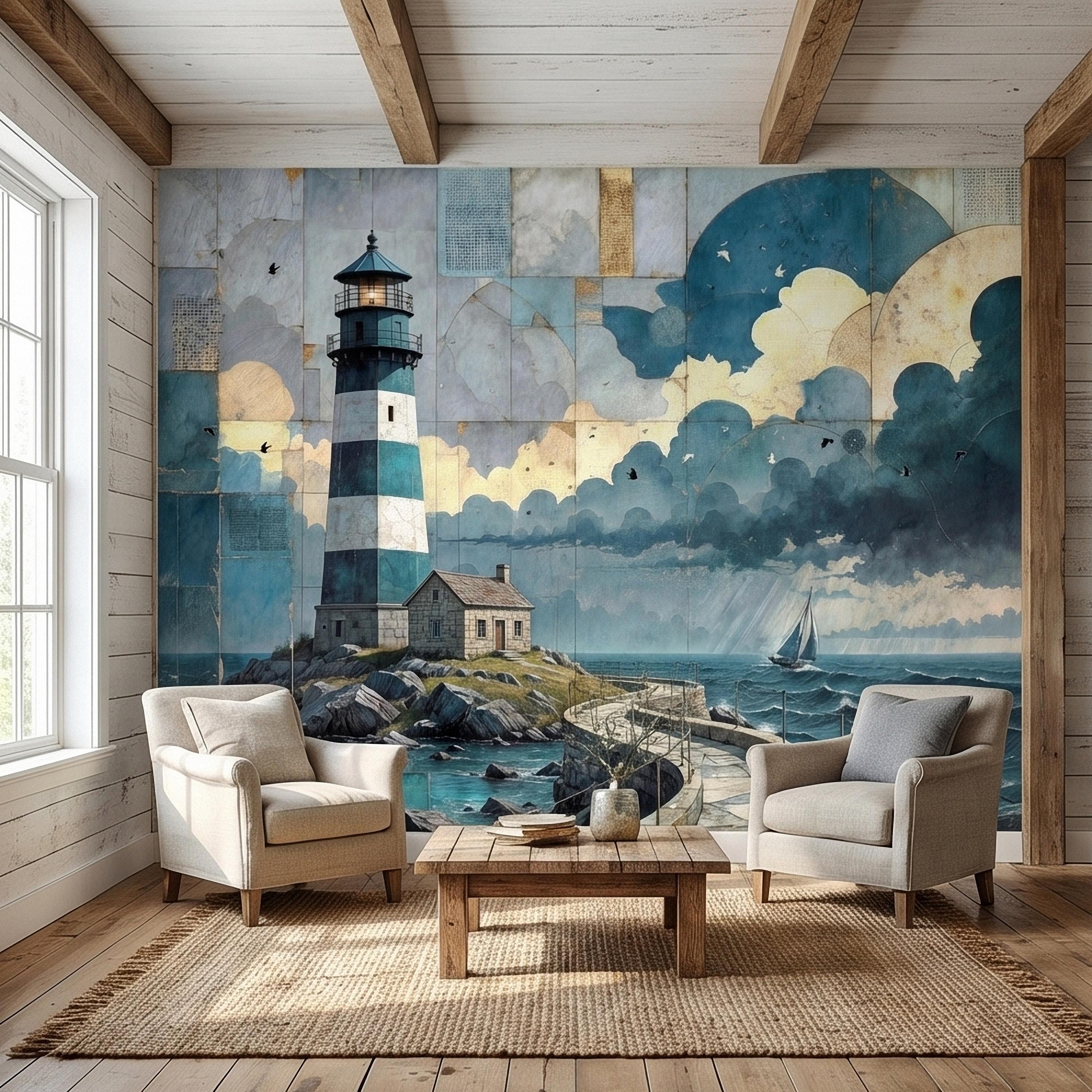 Vintage Coastal Lighthouse Ocean Seascape Collage Peel and Stick Wall Mural, Nautical Sailboat Sea Waves Teal Blue Patchwork Sky Wallpaper