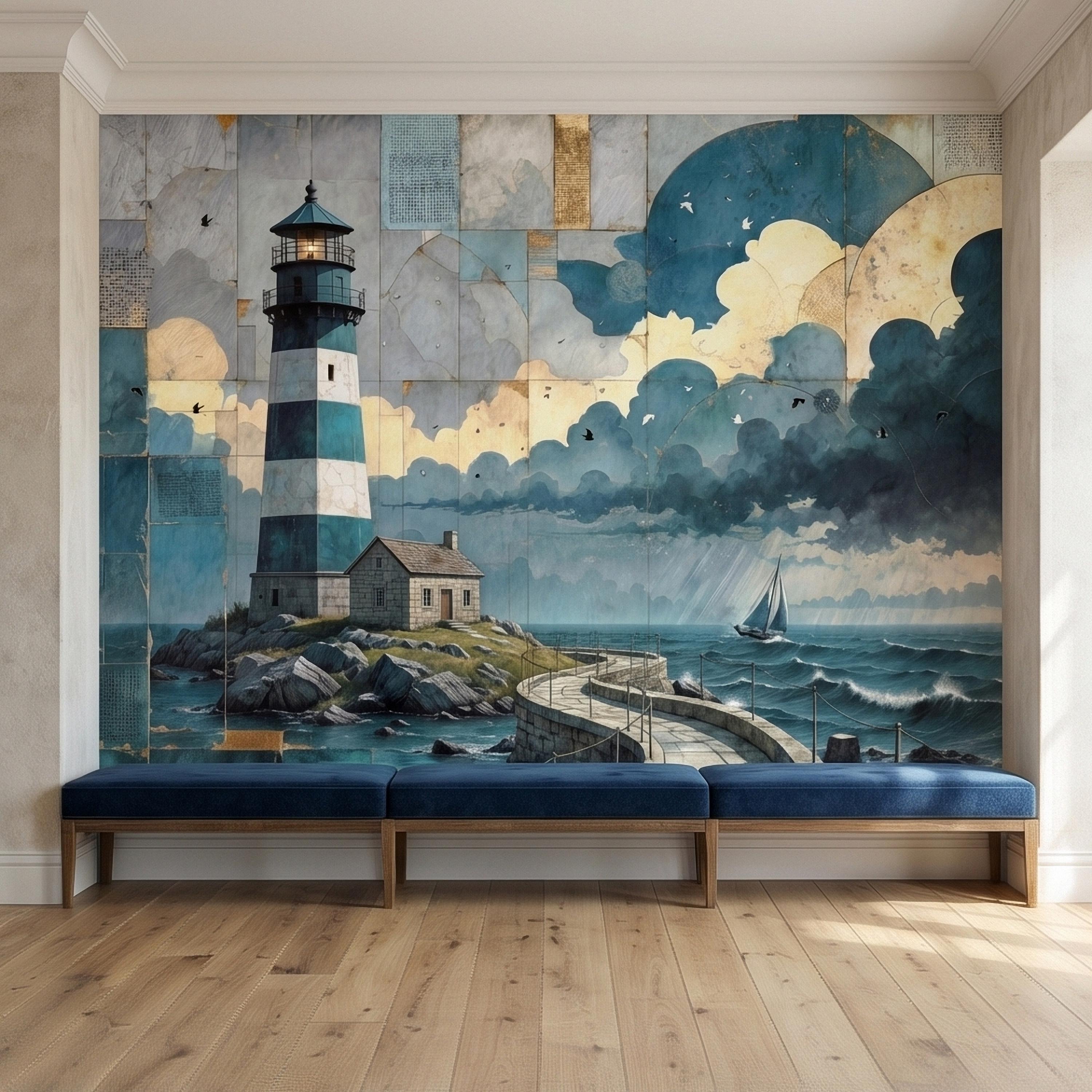 Vintage Coastal Lighthouse Ocean Seascape Collage Peel and Stick Wall Mural, Nautical Sailboat Sea Waves Teal Blue Patchwork Sky Wallpaper