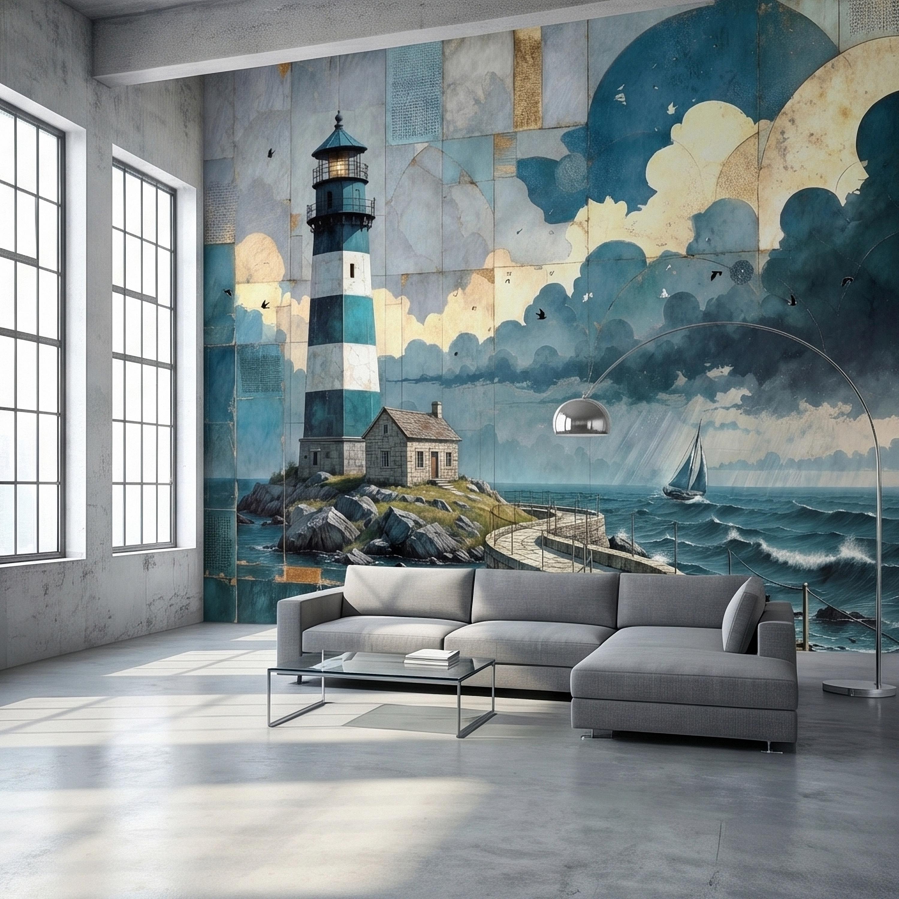 Vintage Coastal Lighthouse Ocean Seascape Collage Peel and Stick Wall Mural, Nautical Sailboat Sea Waves Teal Blue Patchwork Sky Wallpaper