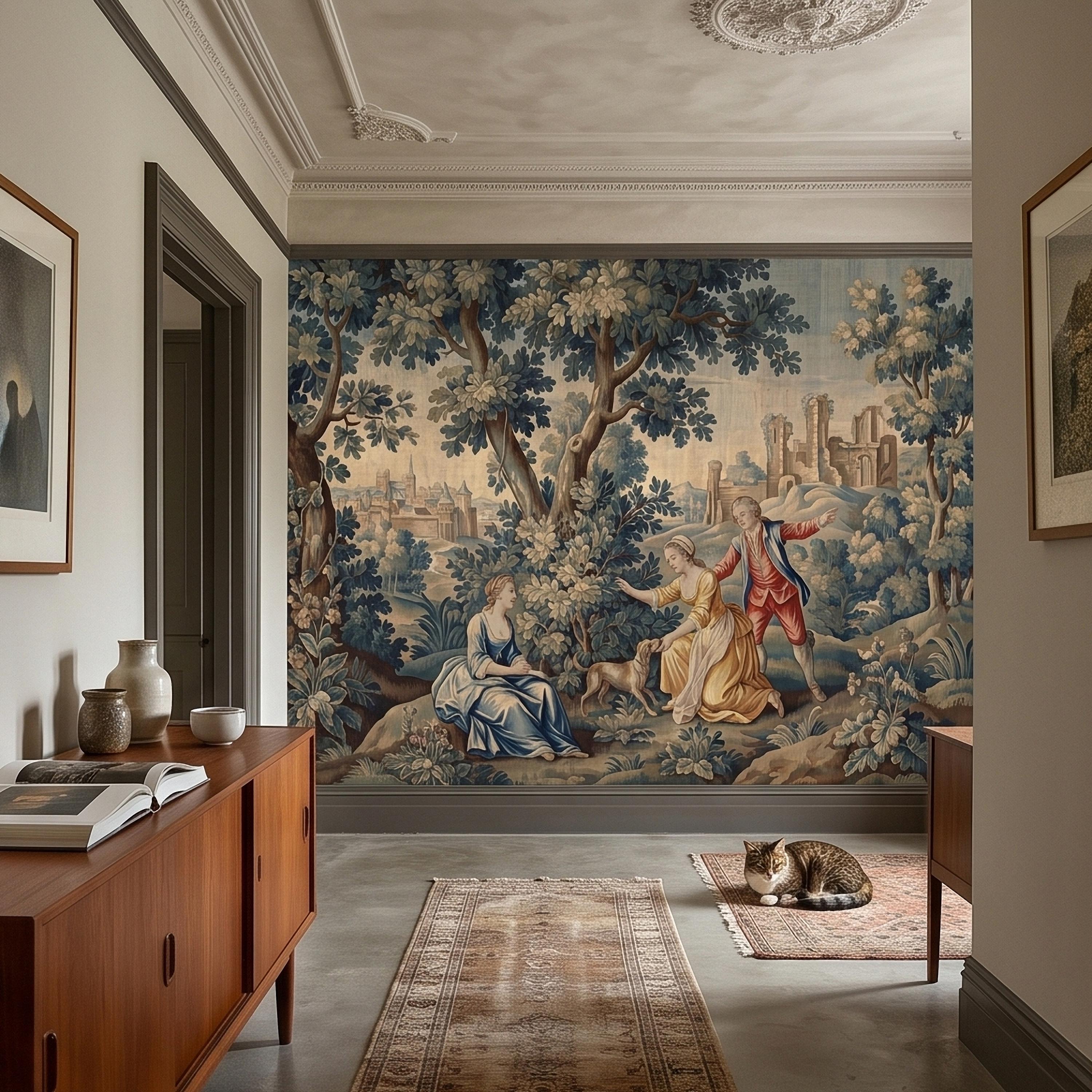 Pastoral Toile de Jouy Peel and Stick Wall Mural, Vintage French Country Blue Verdure Scenic with Castle Ruins, Lovers and Dog Wallpaper