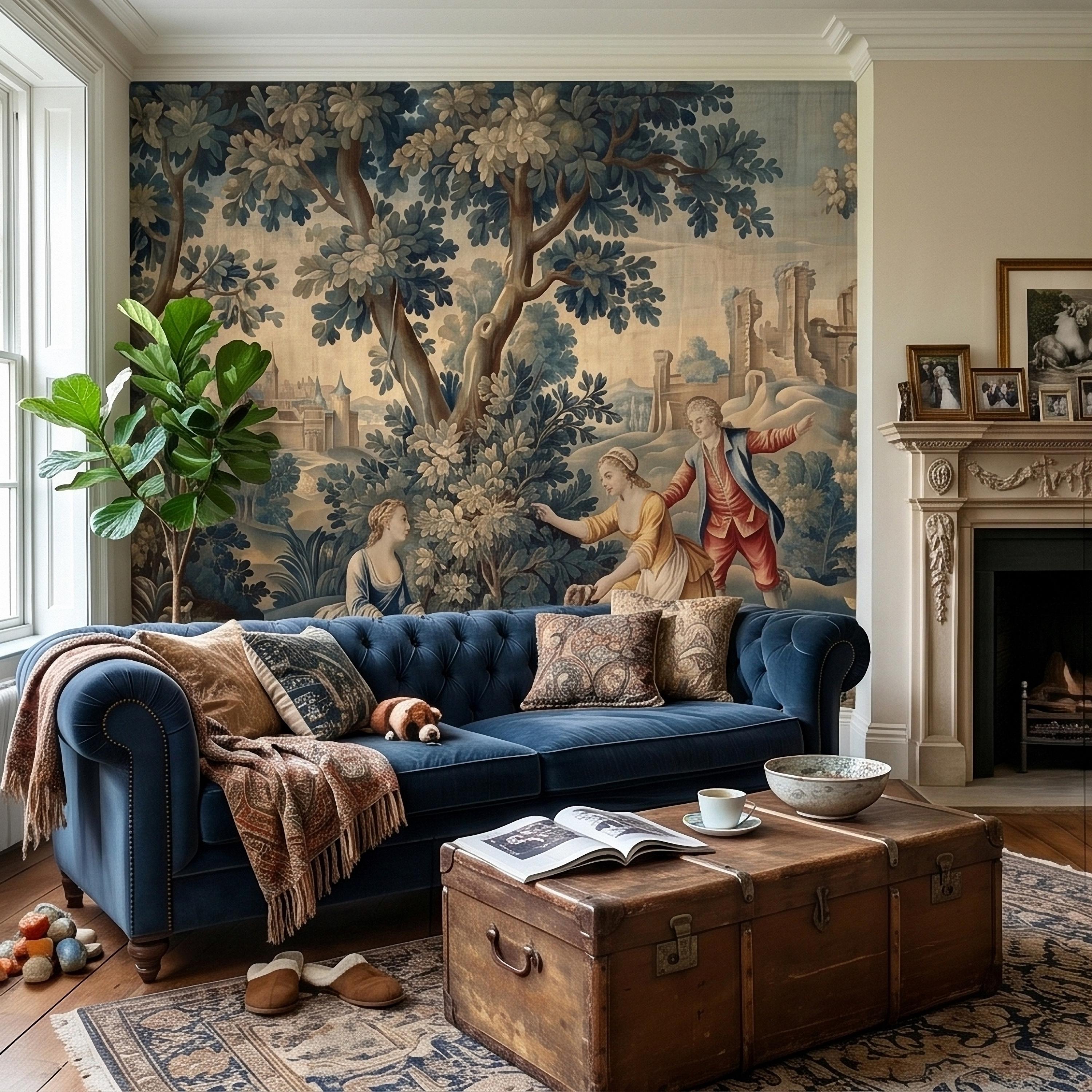 Pastoral Toile de Jouy Peel and Stick Wall Mural, Vintage French Country Blue Verdure Scenic with Castle Ruins, Lovers and Dog Wallpaper